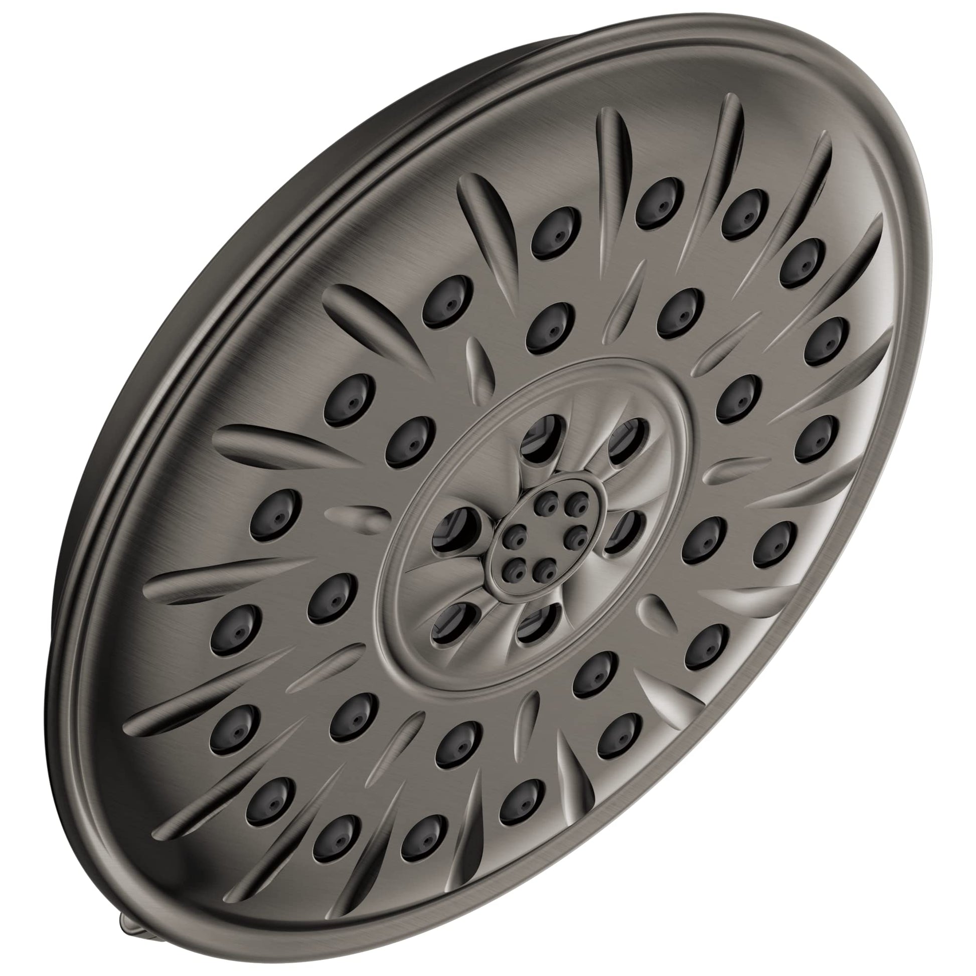 Chrome shower head with circular face featuring multiple spray jets arranged in concentric rings around center nozzle.