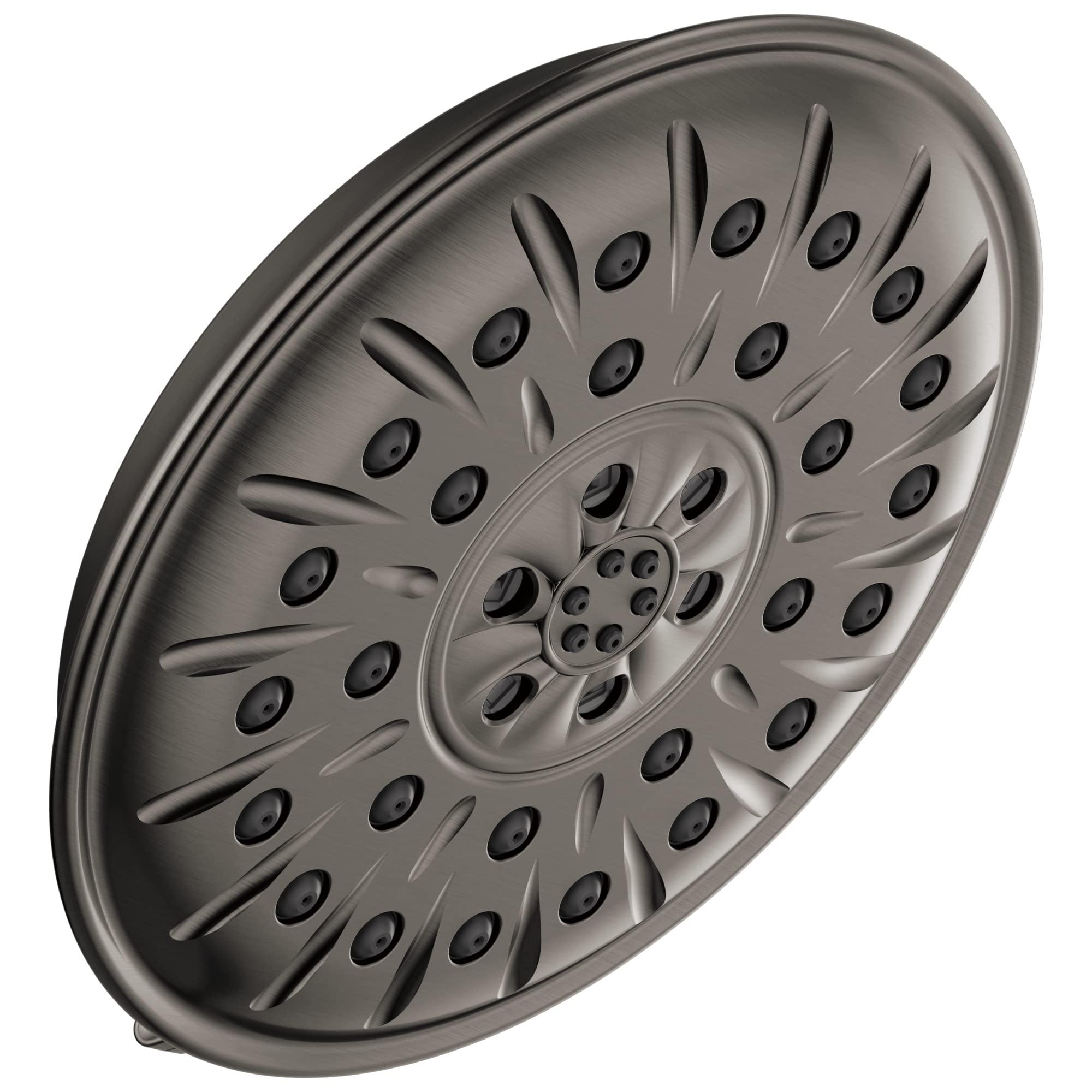 Chrome shower head with circular face featuring multiple spray jets arranged in concentric rings around center nozzle.