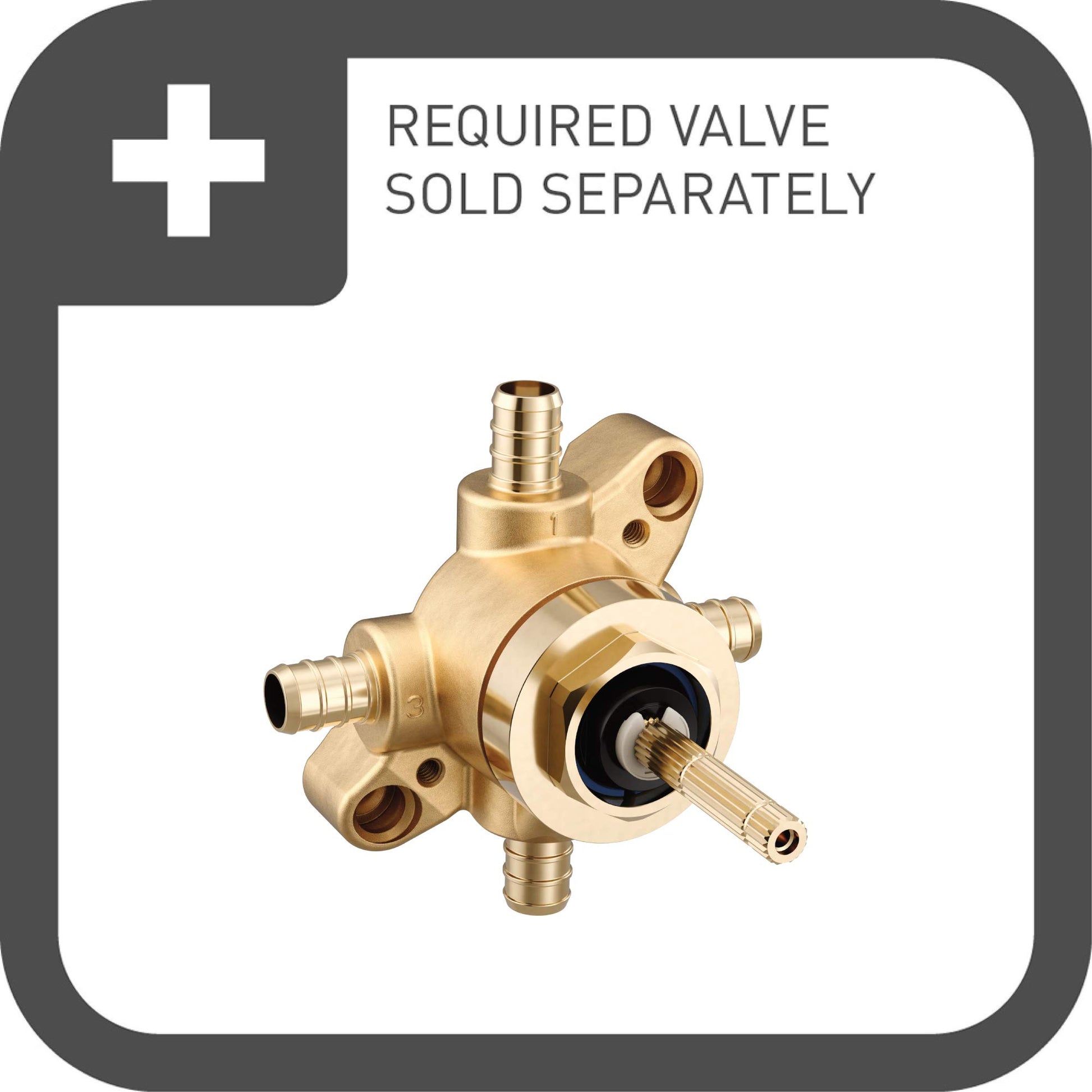 Brass Moen M CORE transfer valve with multiple inlet and outlet ports and central control stem.