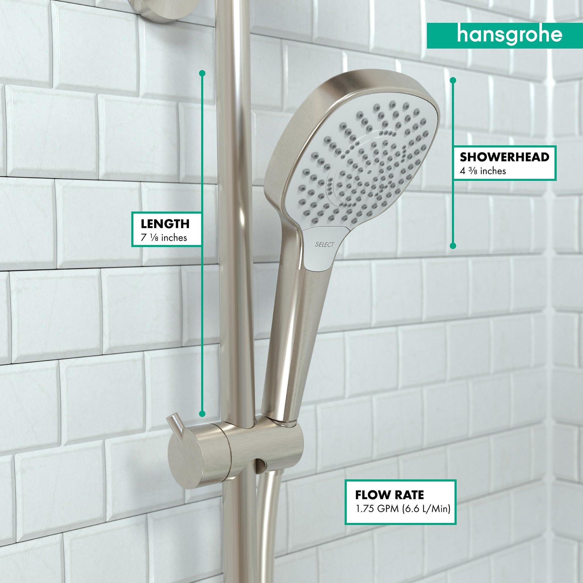 Brushed nickel handheld showerhead with 4¾ inch round head mounted on 7⅛ inch vertical rail against white subway tile.