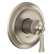 Brushed nickel single-handle shower trim with round escutcheon plate and lever handle.