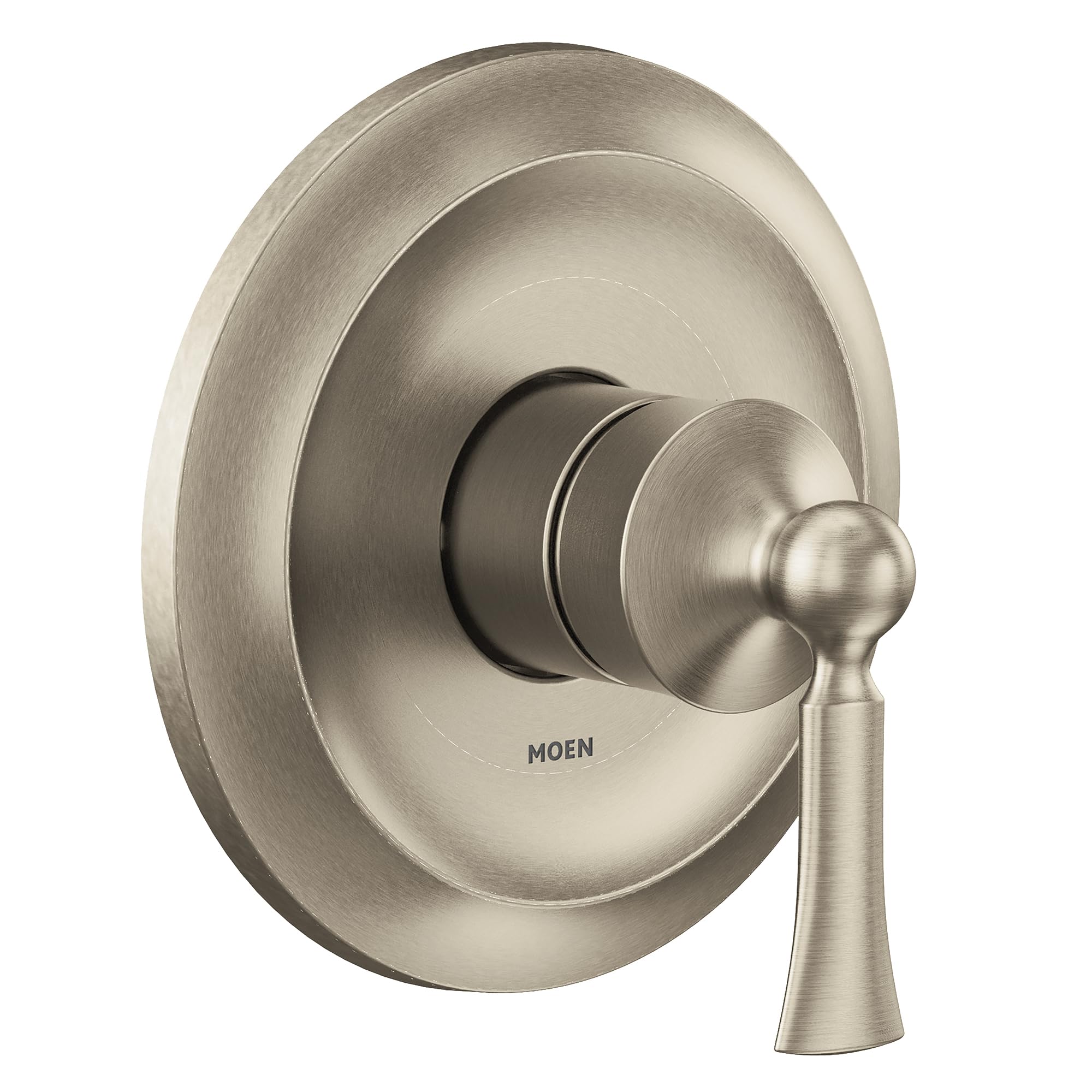 Brushed nickel single-handle shower trim with round escutcheon plate and lever handle.