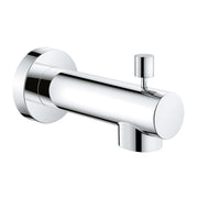 Chrome tub spout with cylindrical body, wall flange, and diverter lever in polished finish.