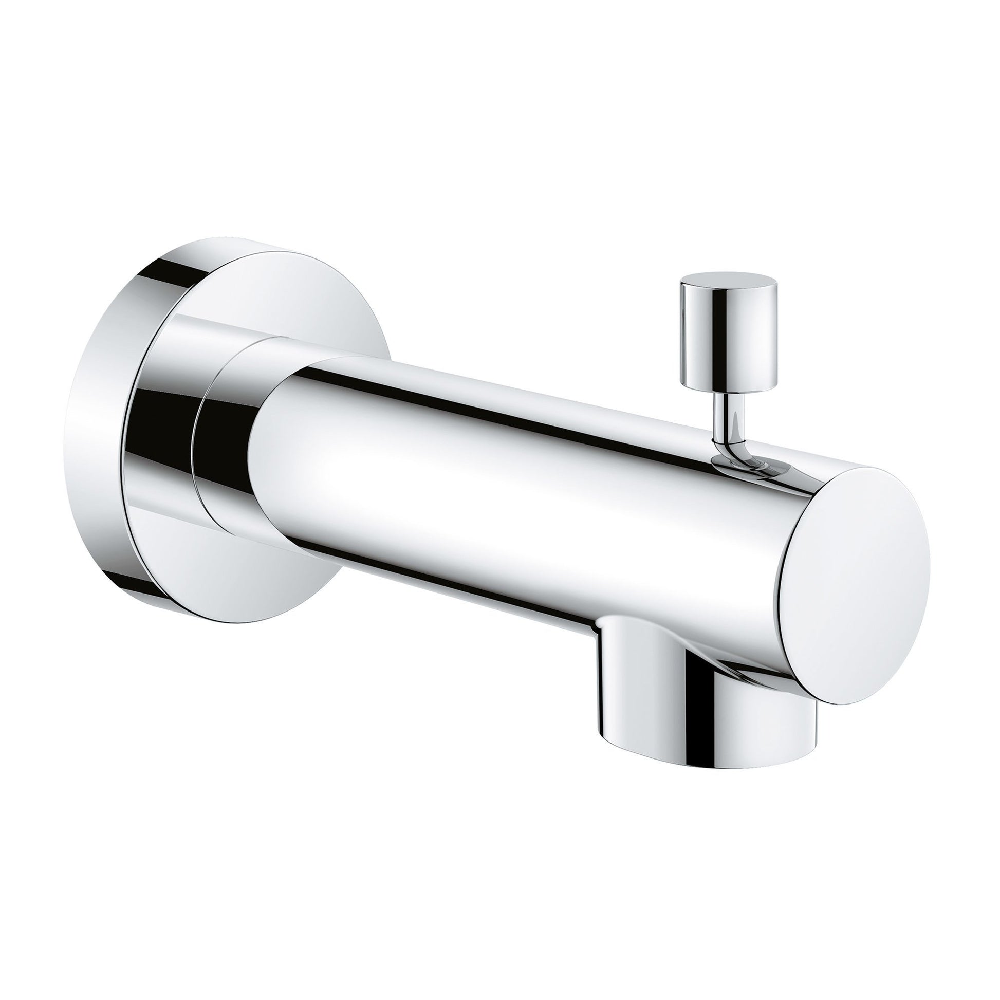 Chrome tub spout with cylindrical body, wall flange, and diverter lever in polished finish.