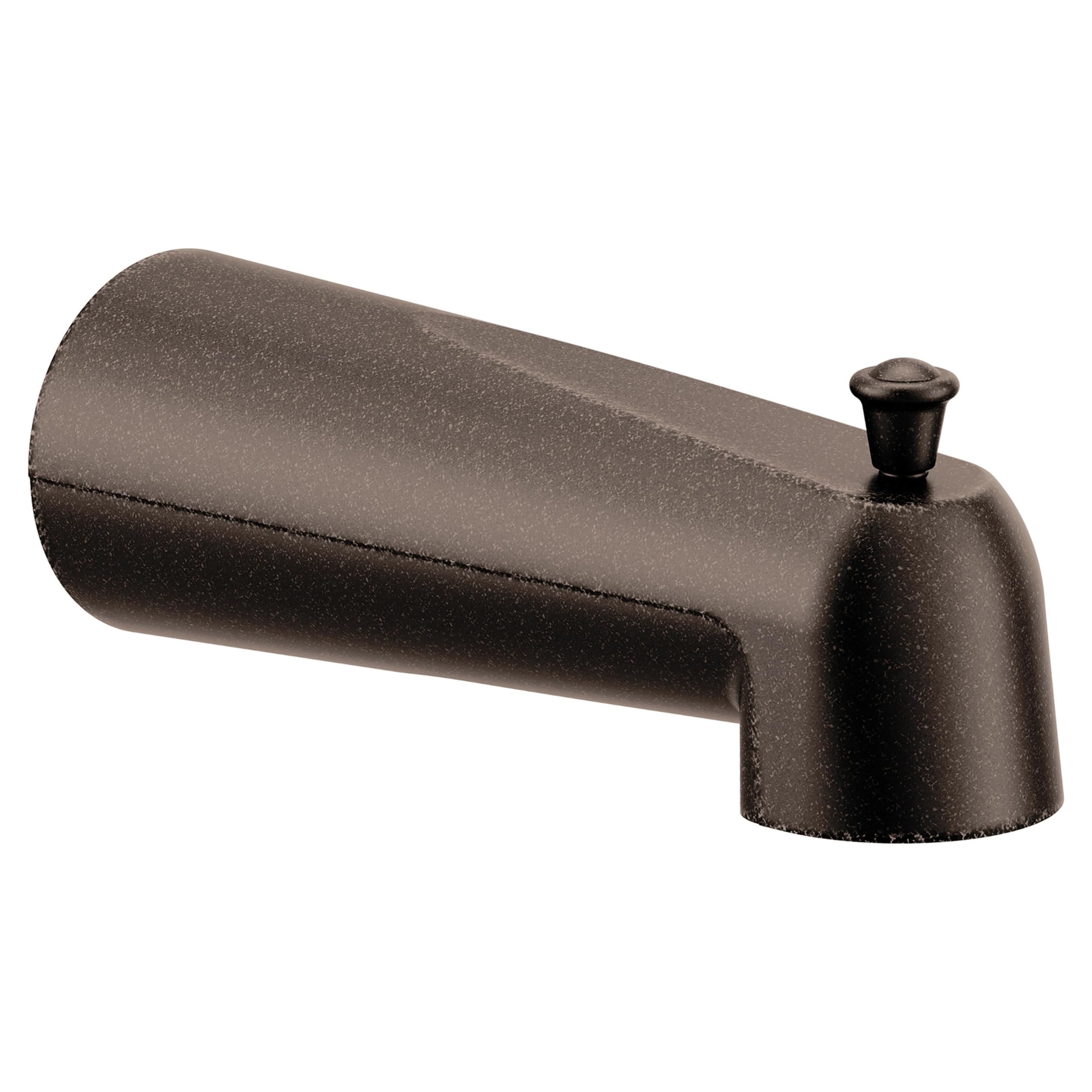Oil-rubbed bronze diverter tub spout with cylindrical body and control lever on right side.