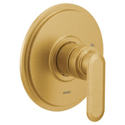 Brushed gold bathtub trim with single lever handle and round escutcheon plate.