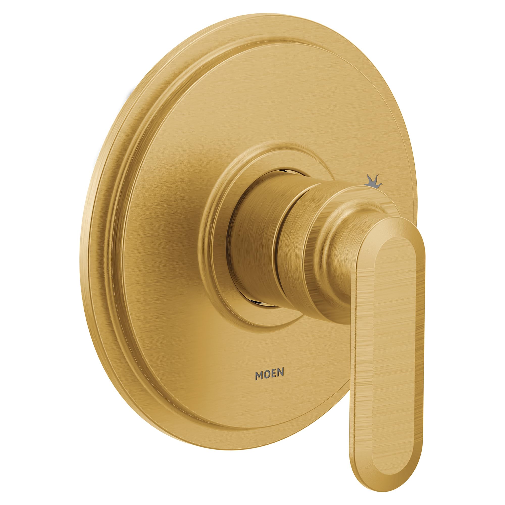 Brushed gold bathtub trim with single lever handle and round escutcheon plate.