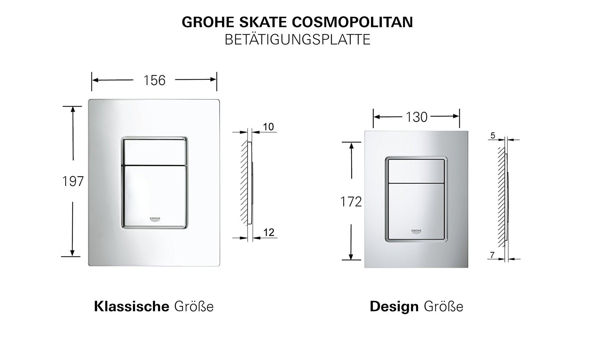 Grohe Skate Cosmopolitan wall plate in frosted white with dual button control shown in two size configurations with dimension