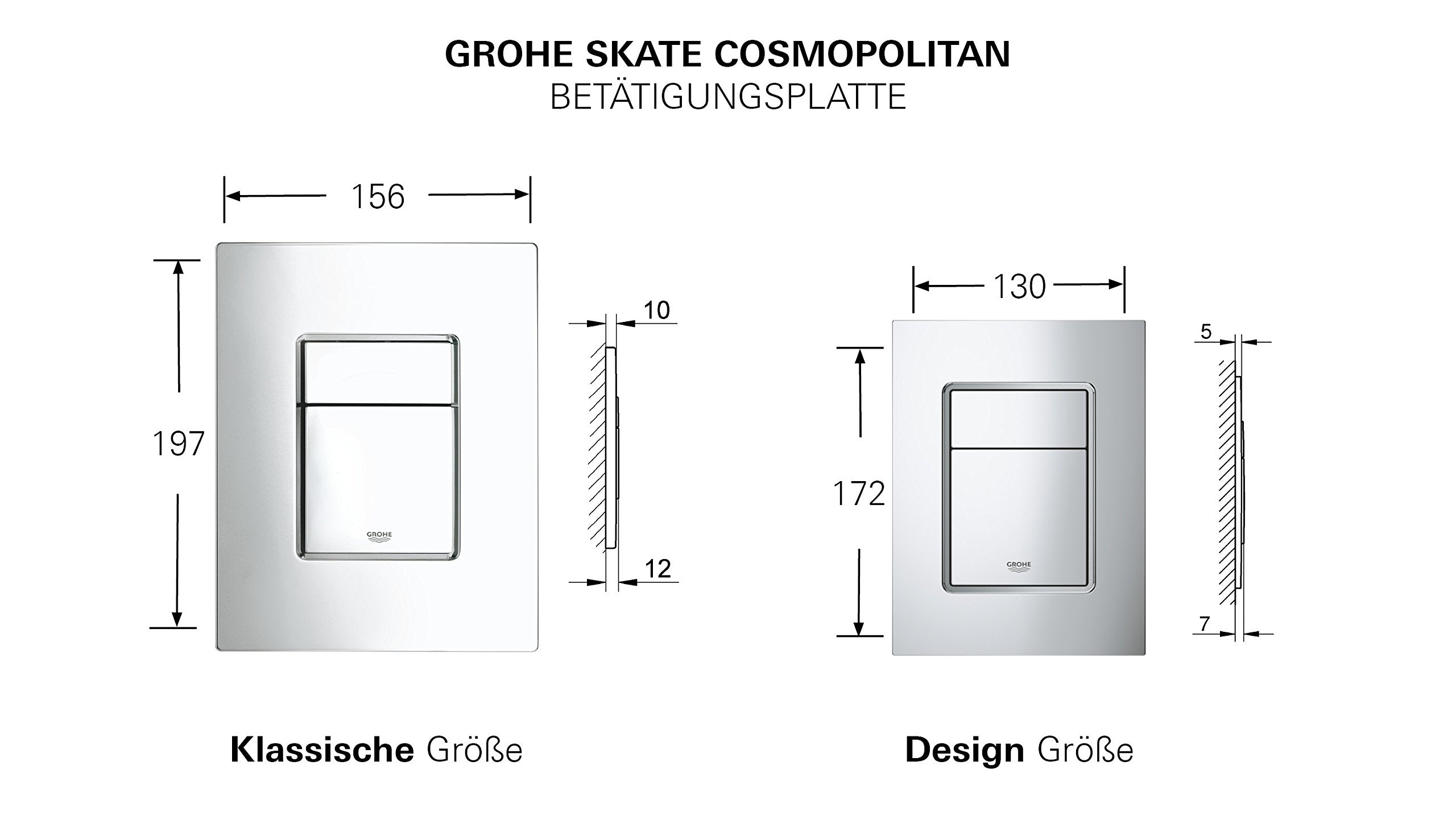 Grohe Skate Cosmopolitan wall plate in frosted white with dual button control shown in two size configurations with dimension