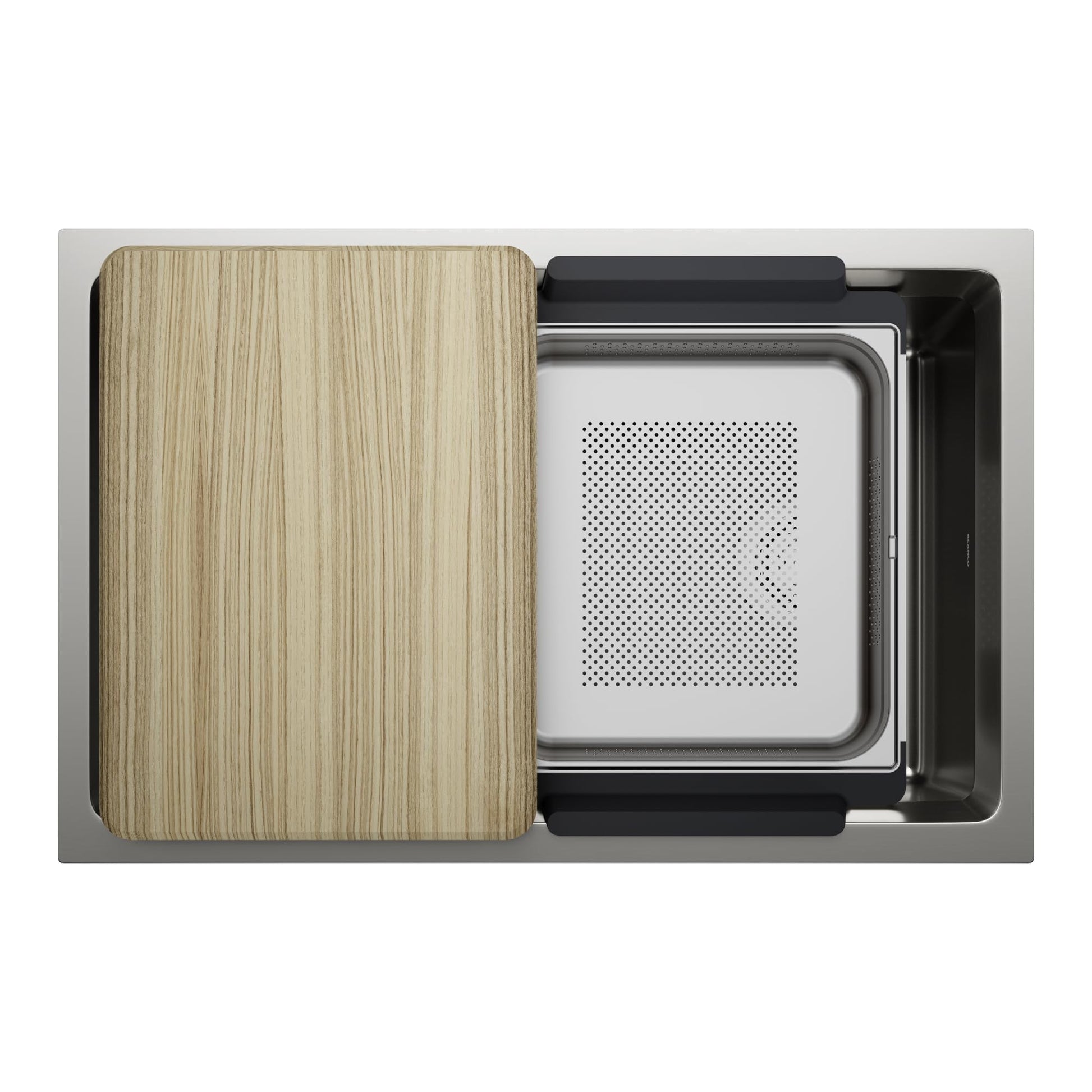 Stainless steel kitchen sink with wood cutting board and perforated strainer basket, top view.