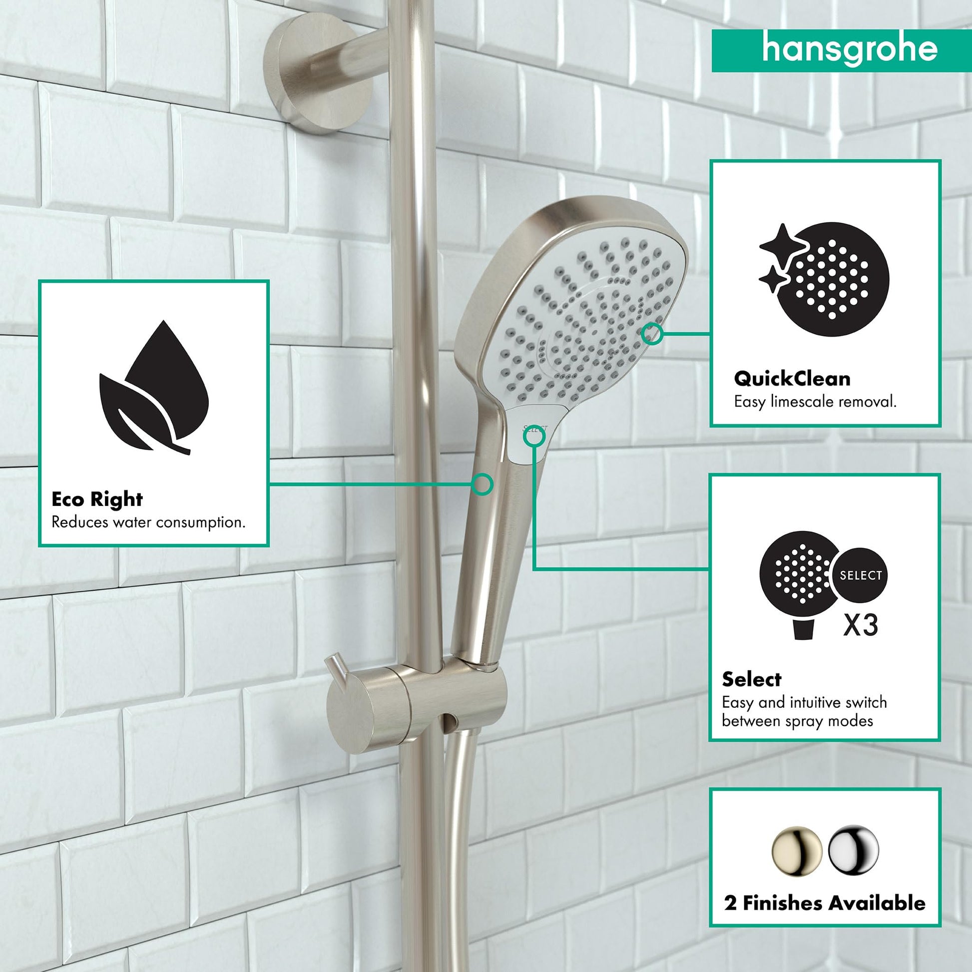 Brushed nickel handshower with round spray face mounted on adjustable slide bar against white subway tile wall.