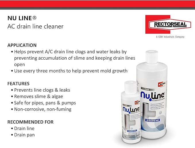 RectorSeal Nu Line AC drain line cleaner bottles in two sizes with product information and branding.
