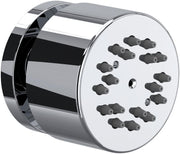 Polished chrome cylindrical body spray with round face plate featuring multiple black spray nozzles.