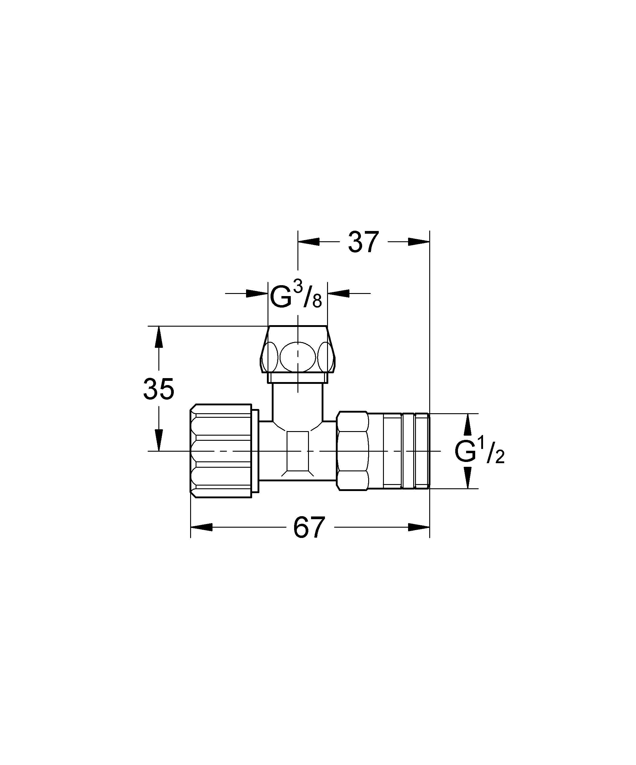 Chrome angle stop valve with G3/8 inlet and G1/2 outlet connections, with dimensional specifications labeled.