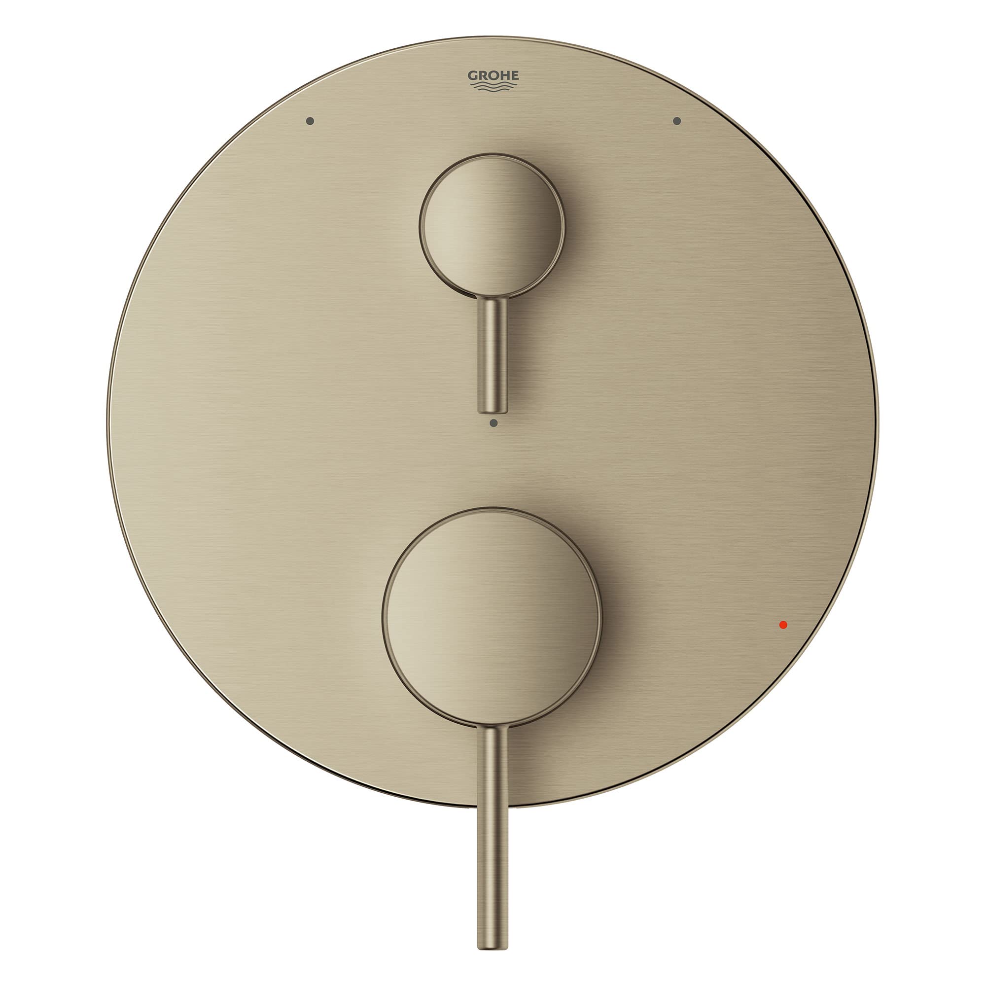 Grohe brushed nickel circular valve trim with two control handles and one diverter lever on round escutcheon plate.