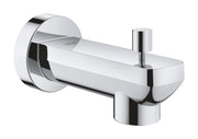 Chrome diverter tub spout with cylindrical body and wall-mounted round flange, featuring diverter lever on right side.