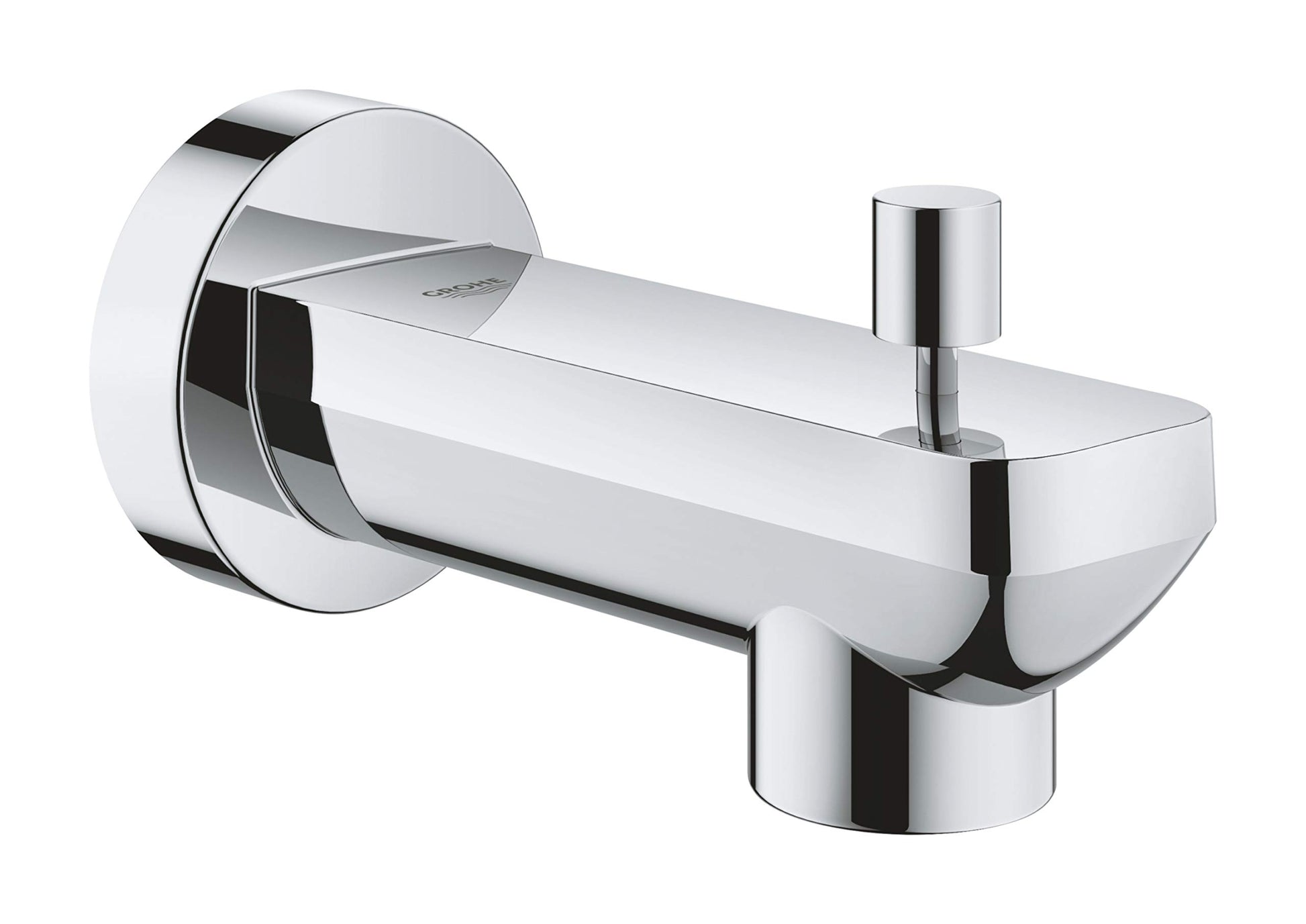 Chrome diverter tub spout with cylindrical body and wall-mounted round flange, featuring diverter lever on right side.