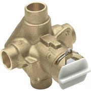 Brass pressure balancing valve with multiple ports, mounting holes, and white handle lever against white background.