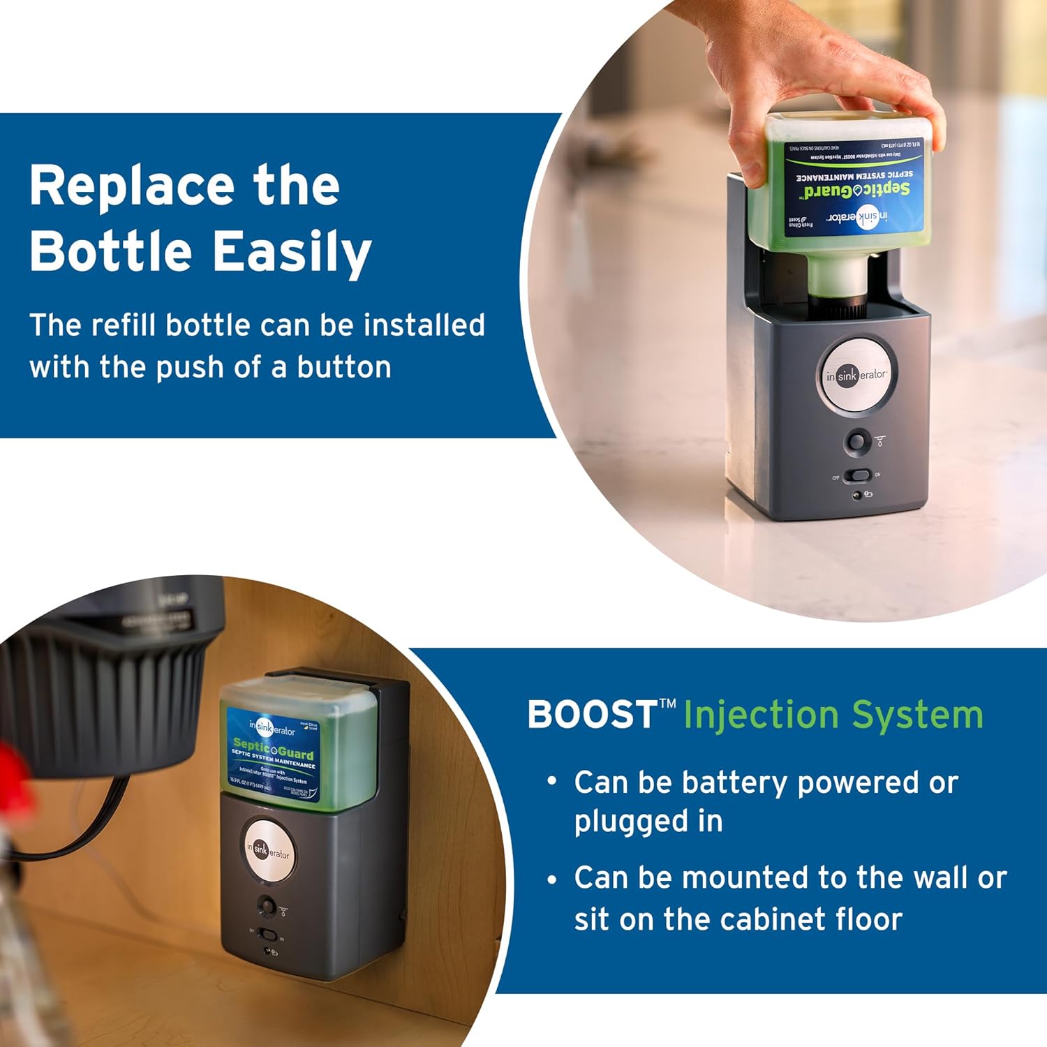 Green refill cartridge with blue label being inserted into black BOOST Injection System dispenser.