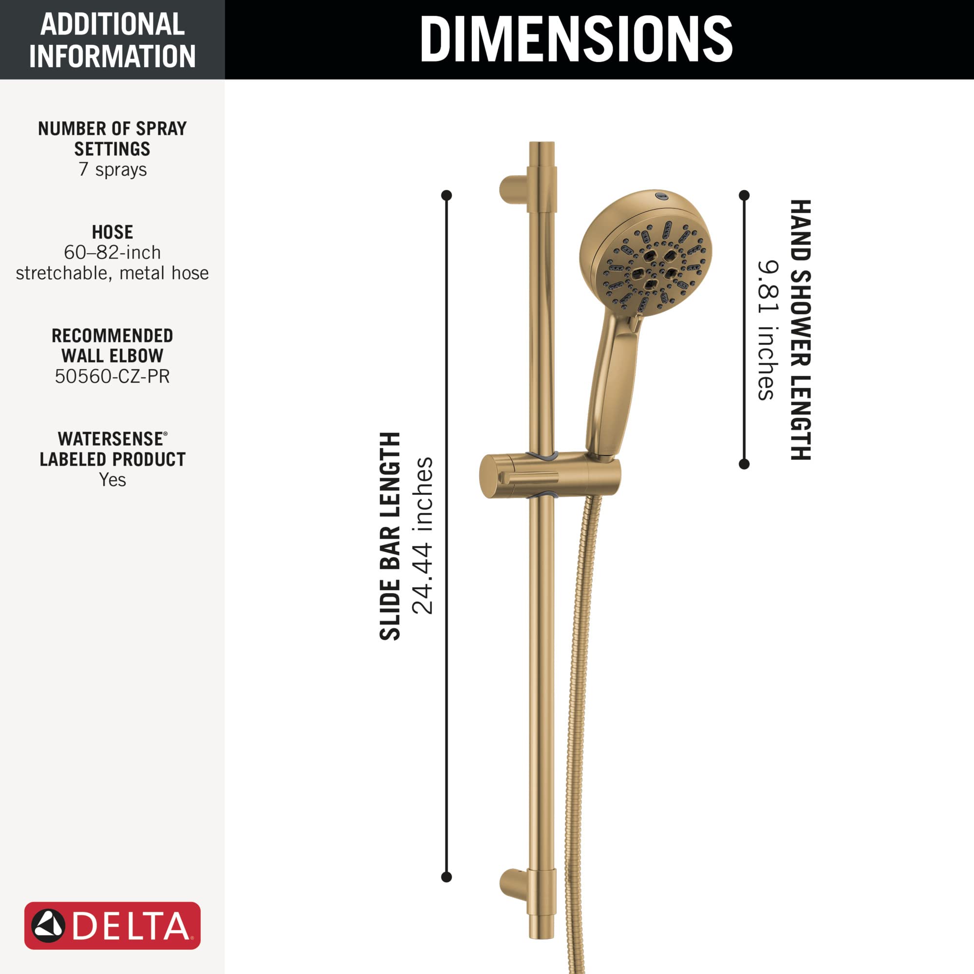 Champagne bronze slide bar hand shower assembly with 9.8-inch round shower head, 24.4-inch vertical bar, and hose connection 