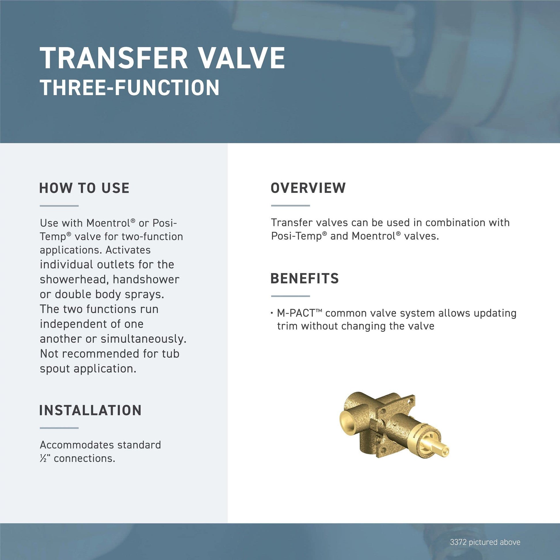 Brushed nickel three-function shower diverter transfer valve with dual outlets for independent water flow control.