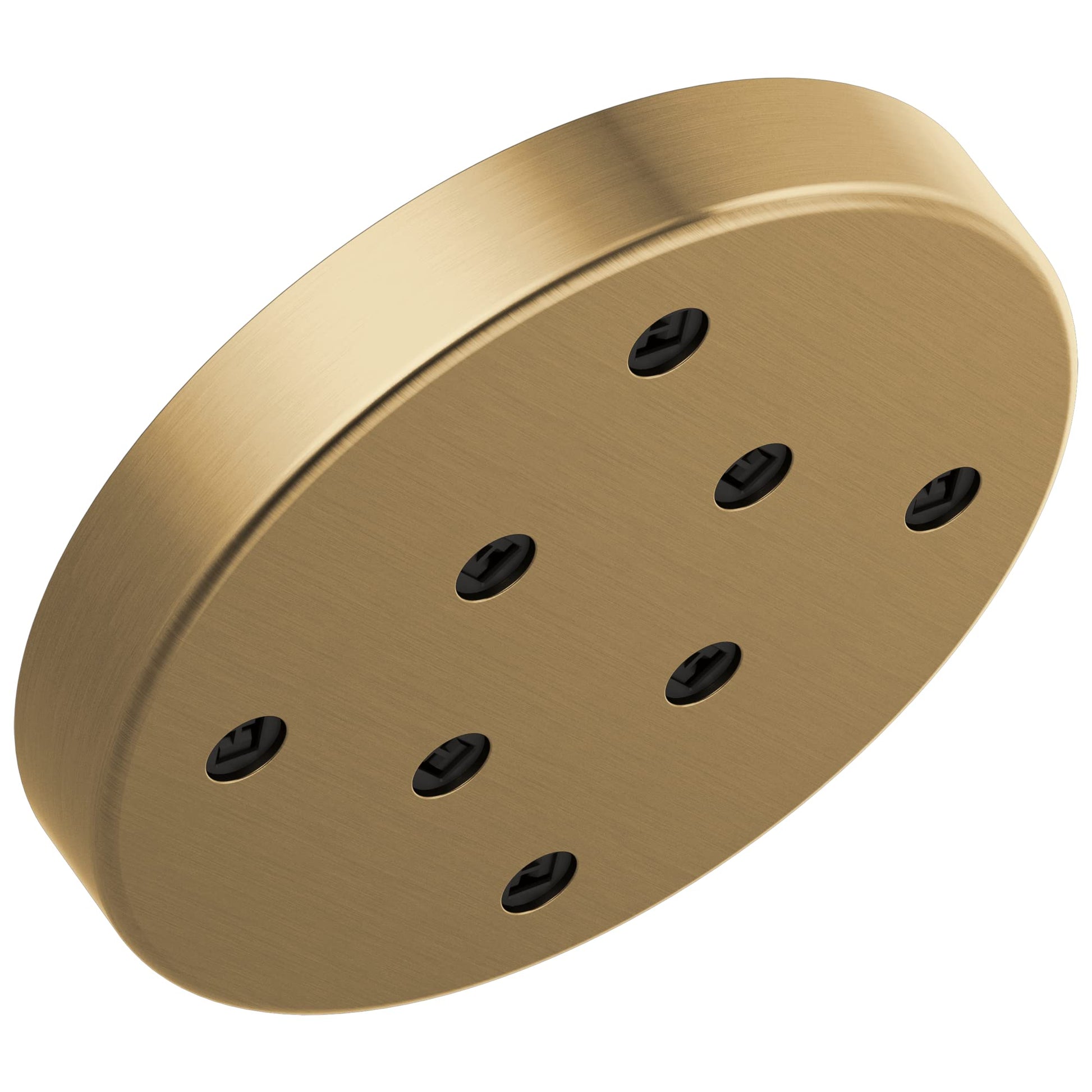 Gold-tone metal raincan shower head with eight black oval spray nozzles arranged in rows on the face.