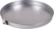 Silver aluminum water heater pan with attached CPVC drain adapter on side.