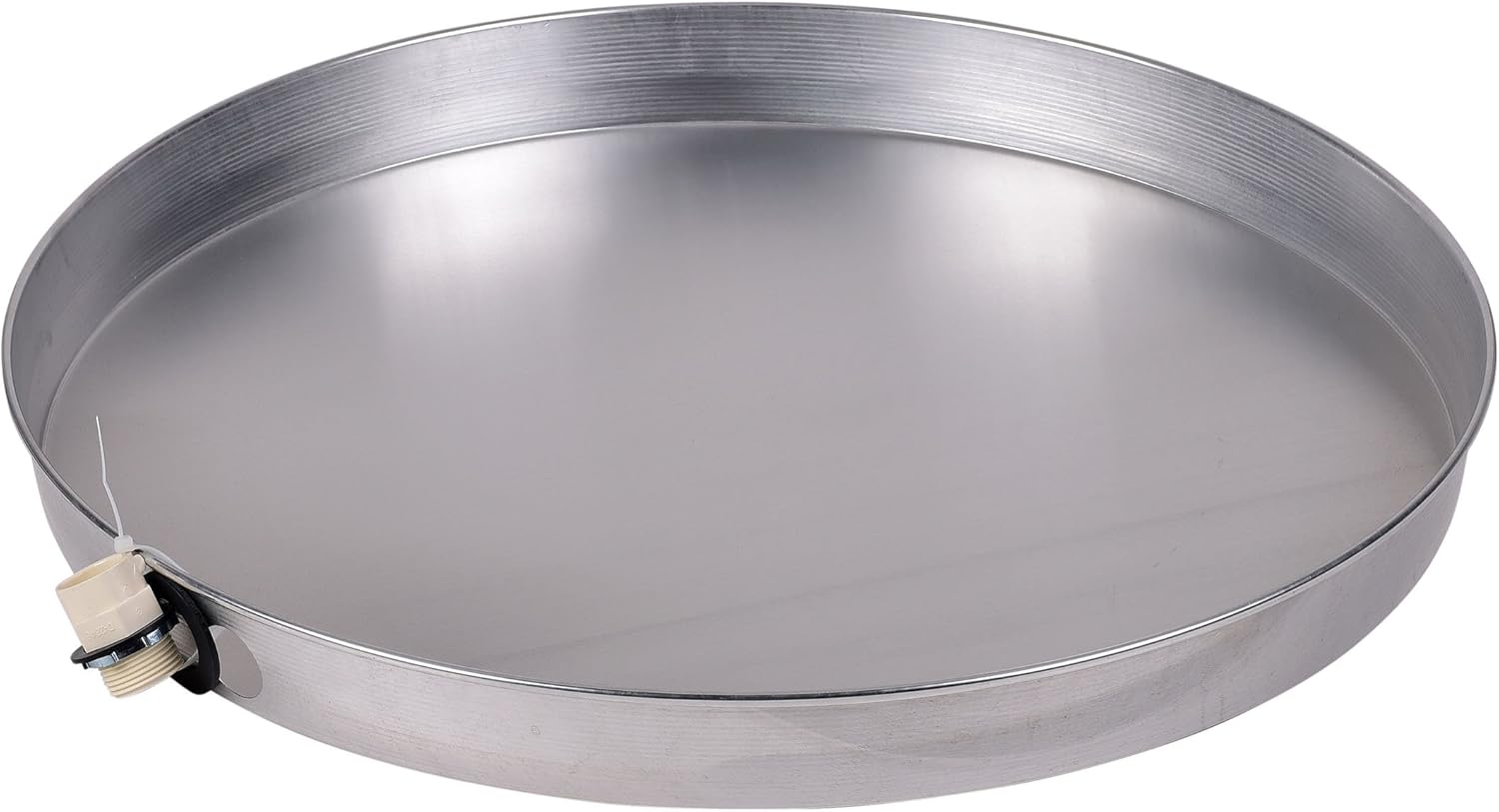 Silver aluminum water heater pan with 1 inch CPVC adapter outlet on side.