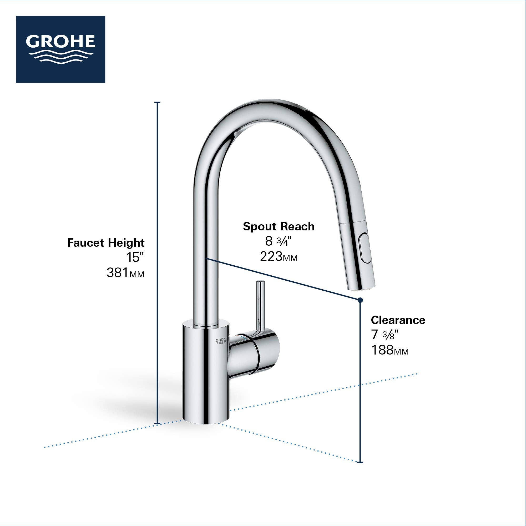 Grohe Concetto single-handle pull-down kitchen faucet in matte black with curved spout and dimension specifications labeled.