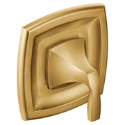 Gold-finished square valve trim with lever handle and recessed center detail.