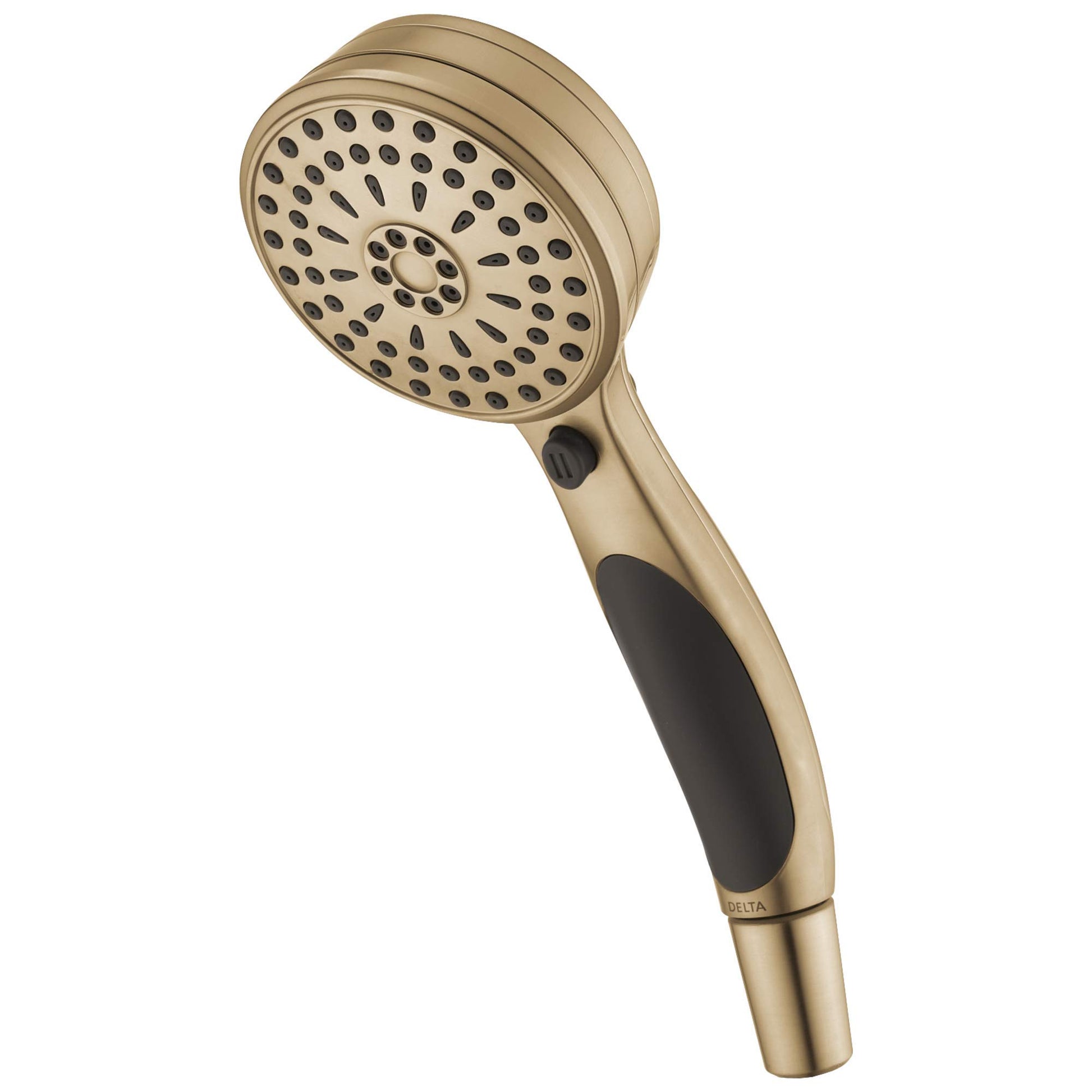 Champagne-colored hand shower with circular spray head, black grip handle, and selector button on shaft.