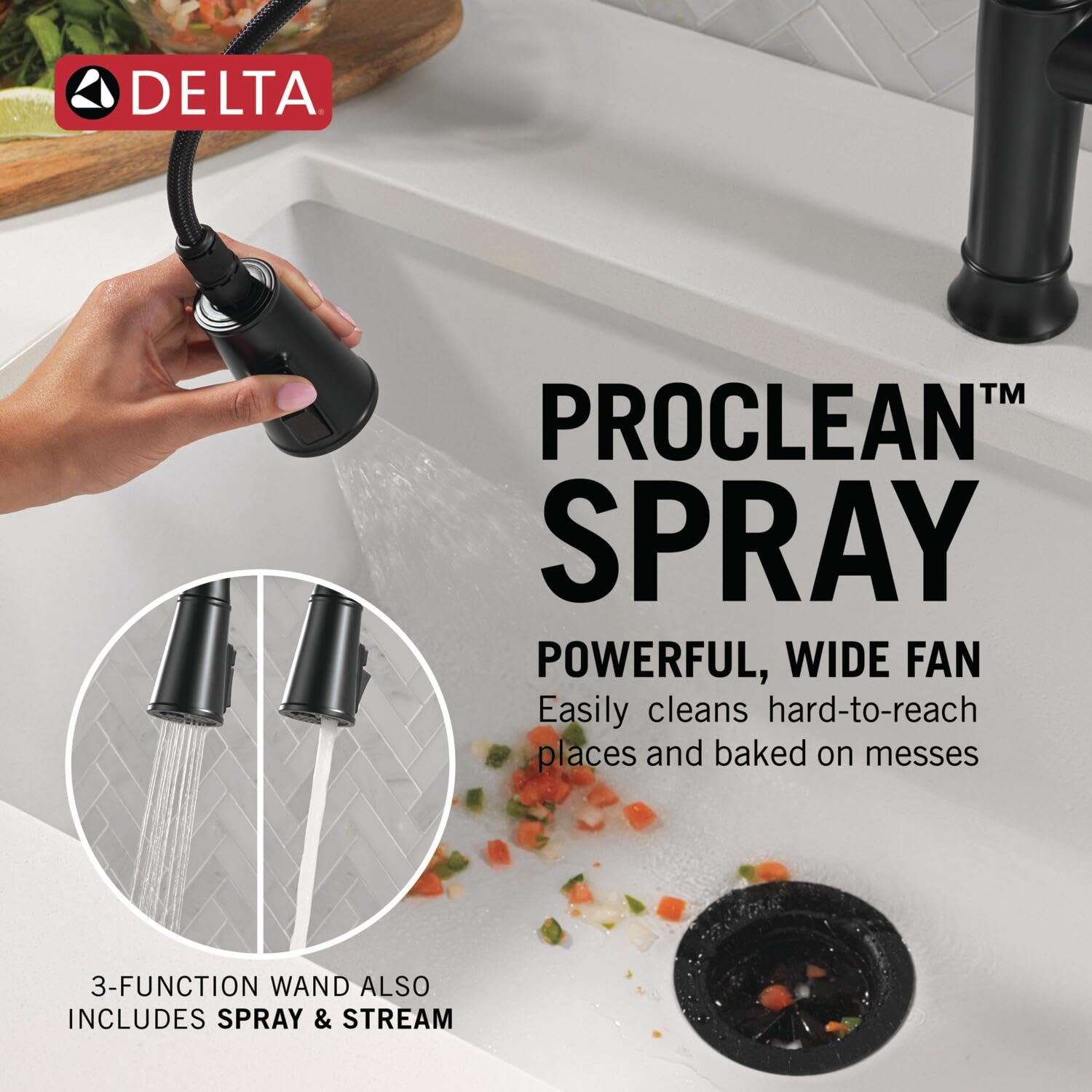 Matte black pull-down kitchen faucet with single handle and spray nozzle over white sink basin.