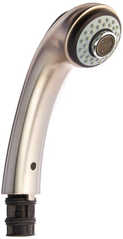 Stainless steel pull-out wand assembly with multi-spray showerhead and black threaded connector base.
