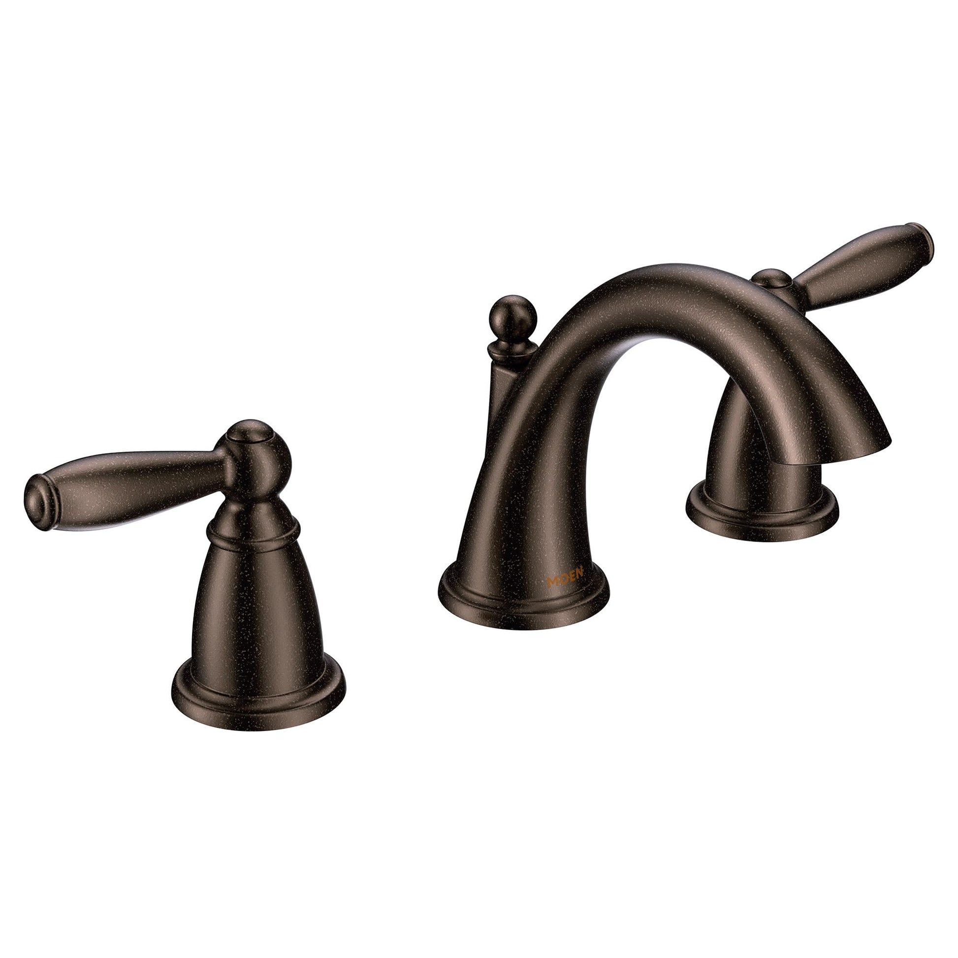 Oil rubbed bronze widespread faucet trim with two lever handles and curved spout.