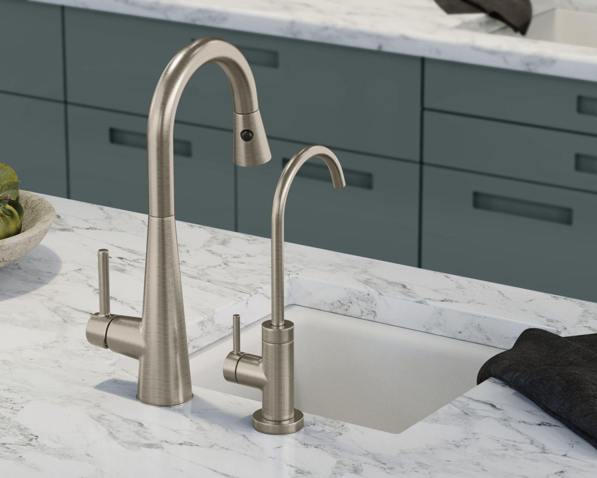 Stainless steel pulldown bar faucet with high arc spout and single handle, installed on marble countertop next to sink.