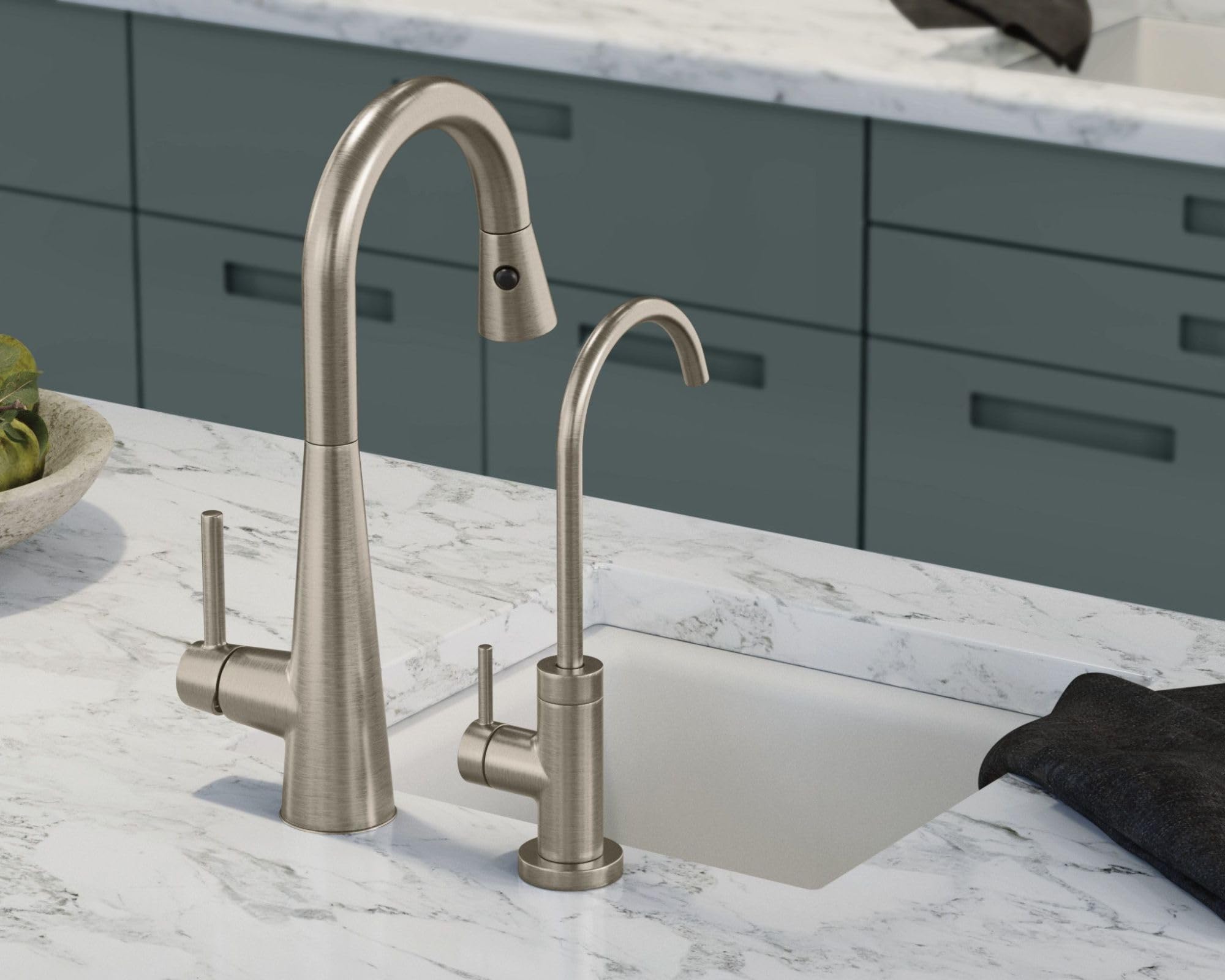 Stainless steel pulldown bar faucet with high arc spout and single handle, installed on marble countertop next to sink.