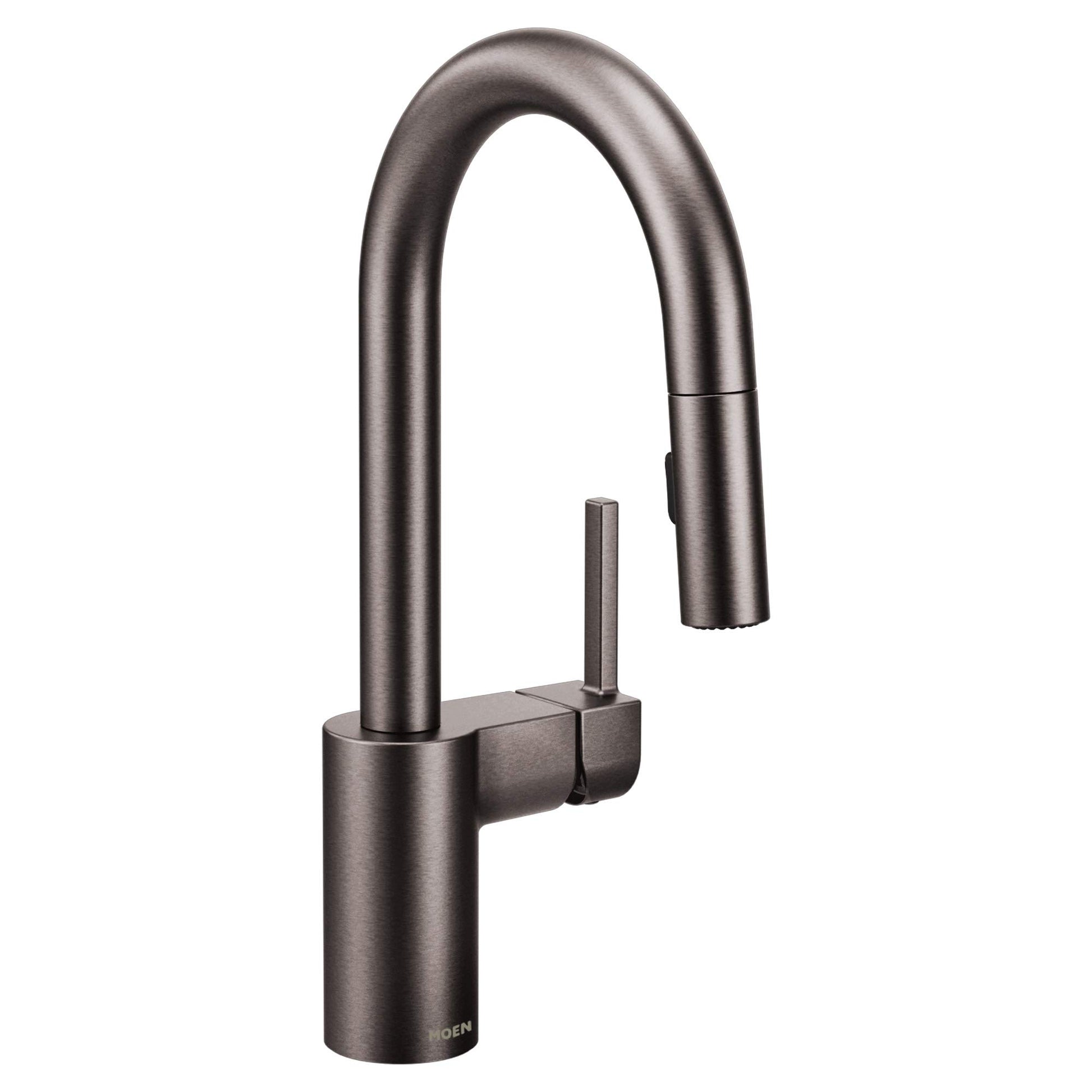 Black stainless steel pulldown bar faucet with single handle lever and curved spout.