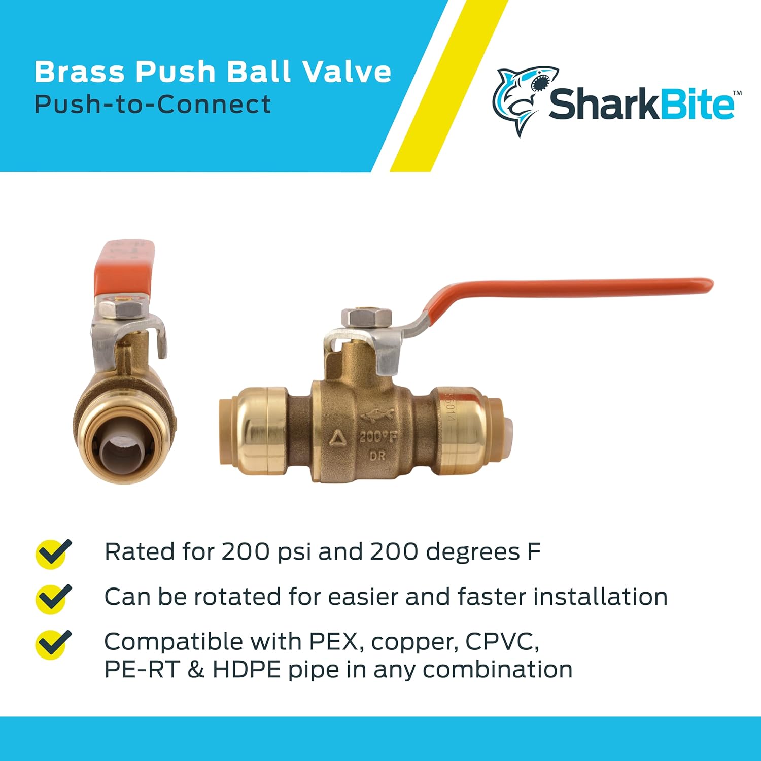 Brass push ball valves with red lever handles and push-to-connect ends, shown in two angles.
