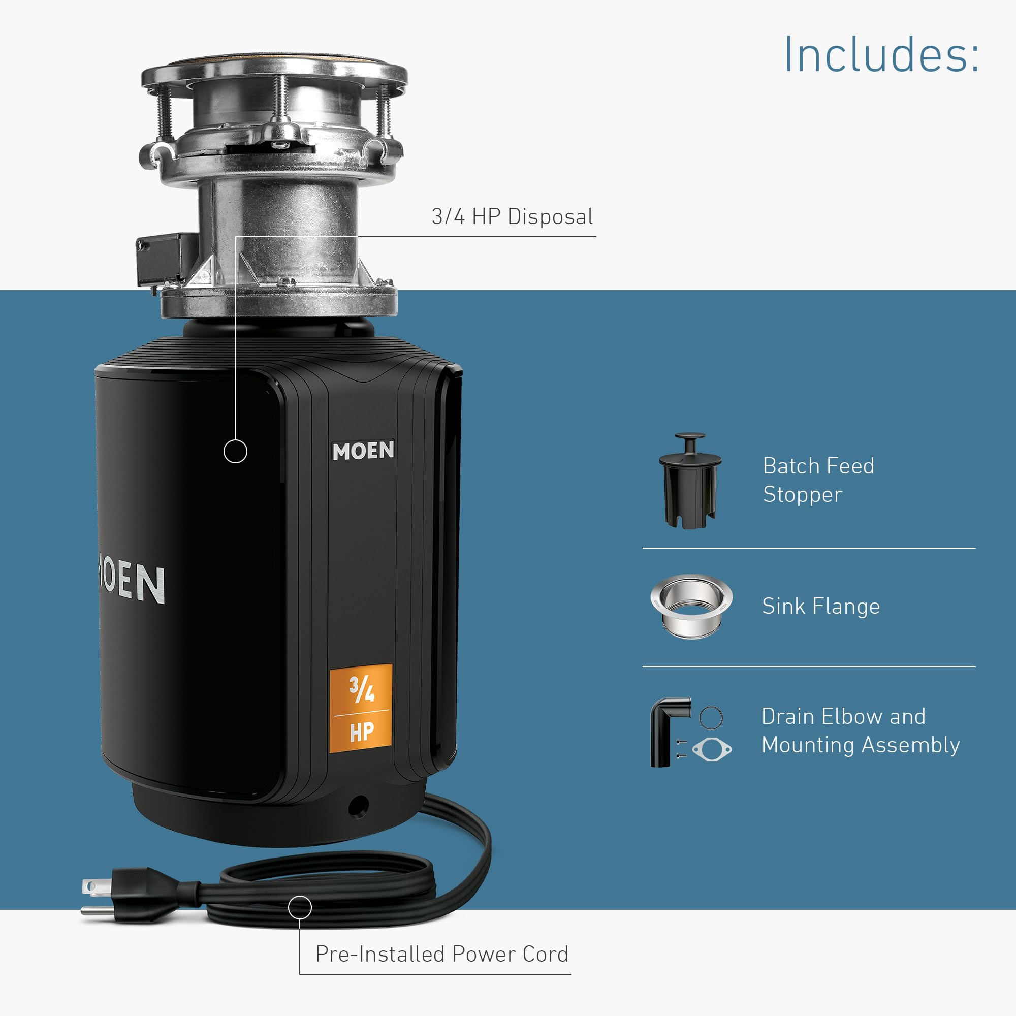 Black Moen 3/4 HP garbage disposal with stainless steel top, power cord, batch feed stopper, sink flange, and drain elbow ass