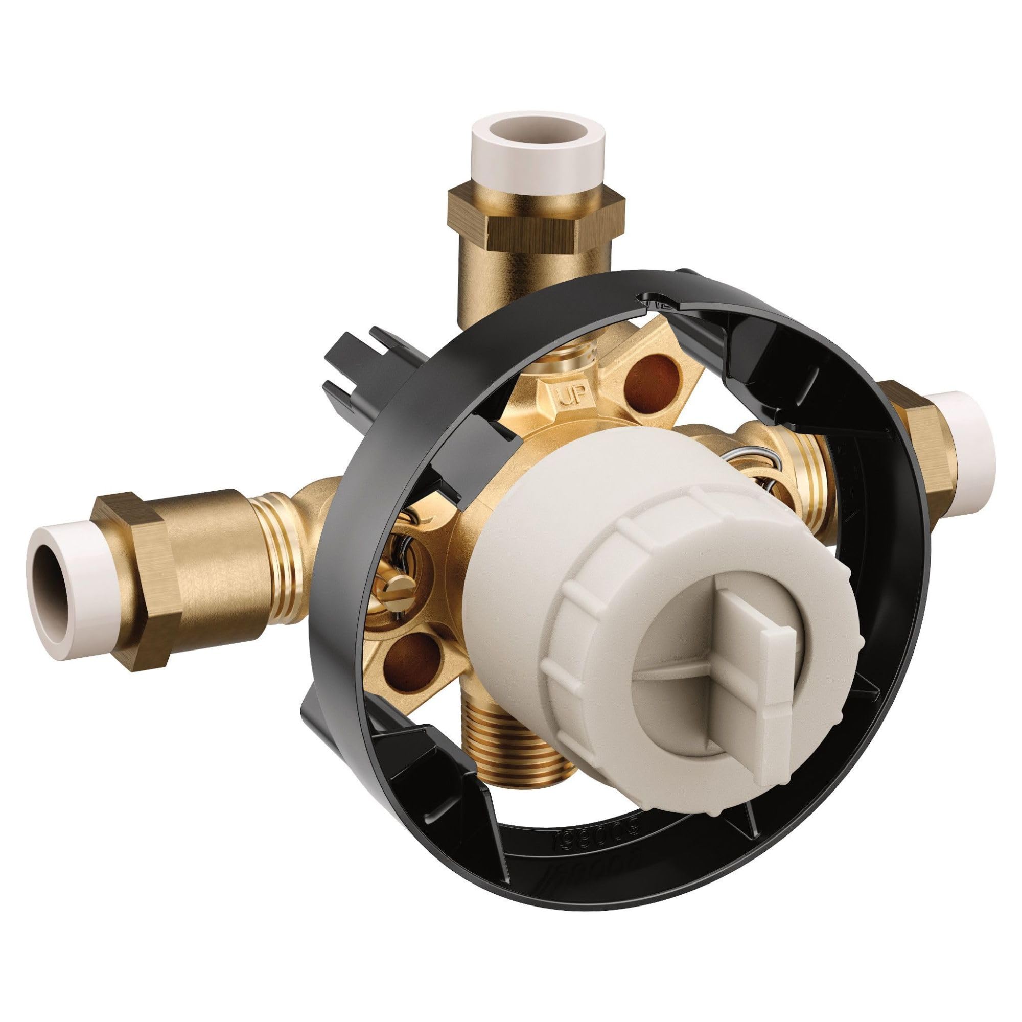 Brass mixing valve with white CPVC connections, black escutcheon ring, and central white cartridge control mechanism.