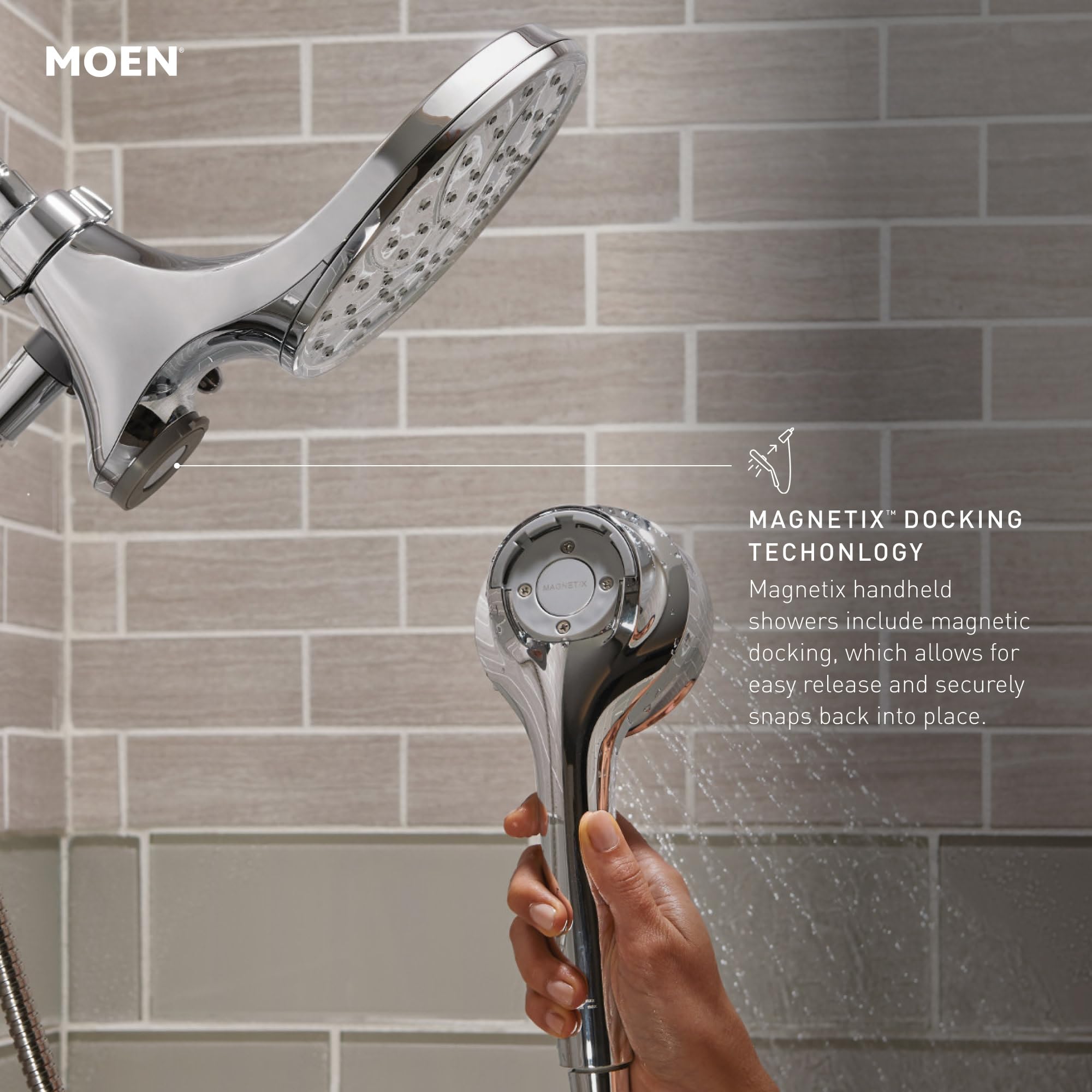 Moen Verso dual shower head combo with chrome fixed head and handheld shower with magnetic docking technology.