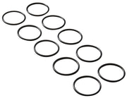 Ten black rubber O-rings arranged on white background.