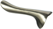 Stainless steel curved faucet lever handle with brushed finish and tapered design.