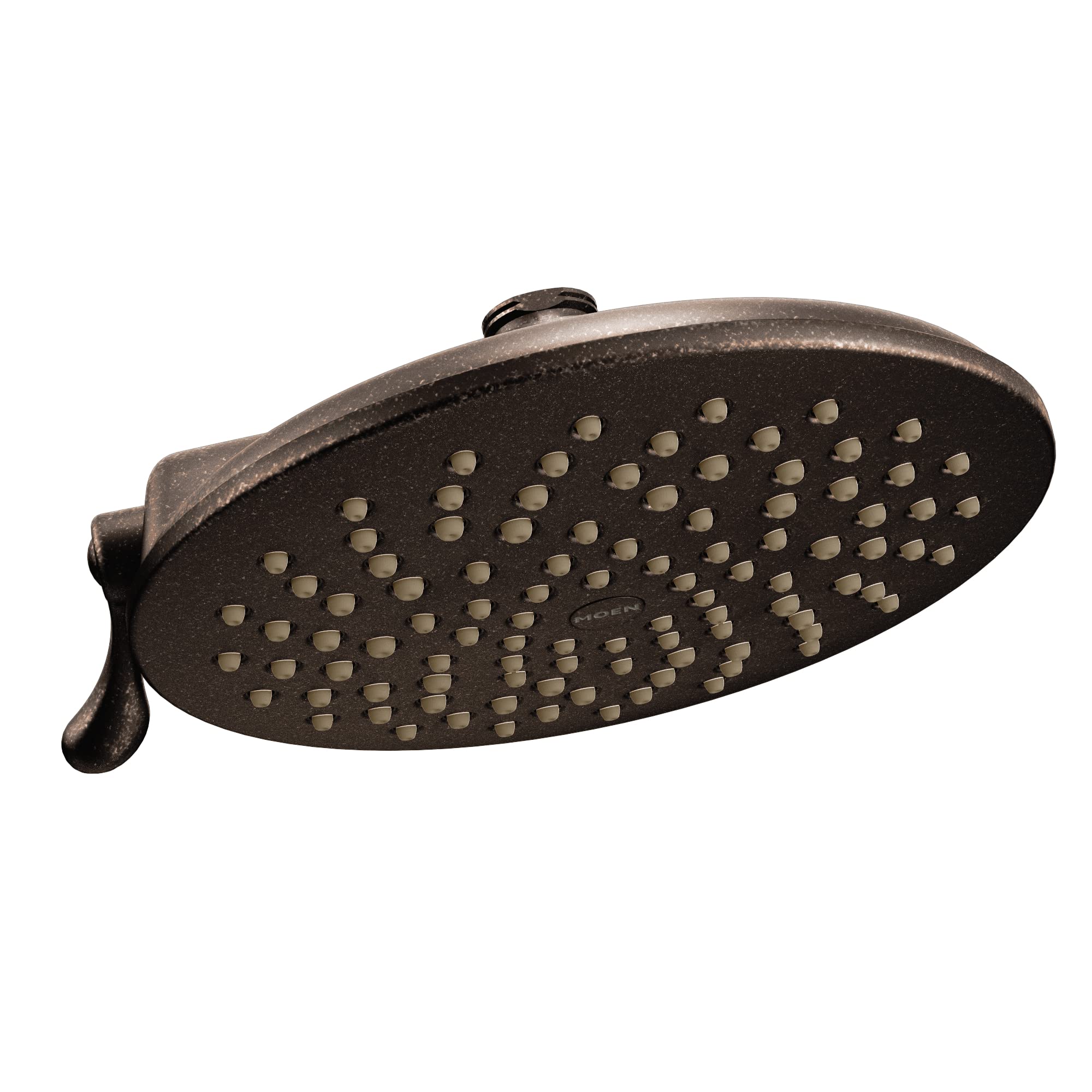 Oil-rubbed bronze oval shower head with multiple spray jets and adjustable arm mount.