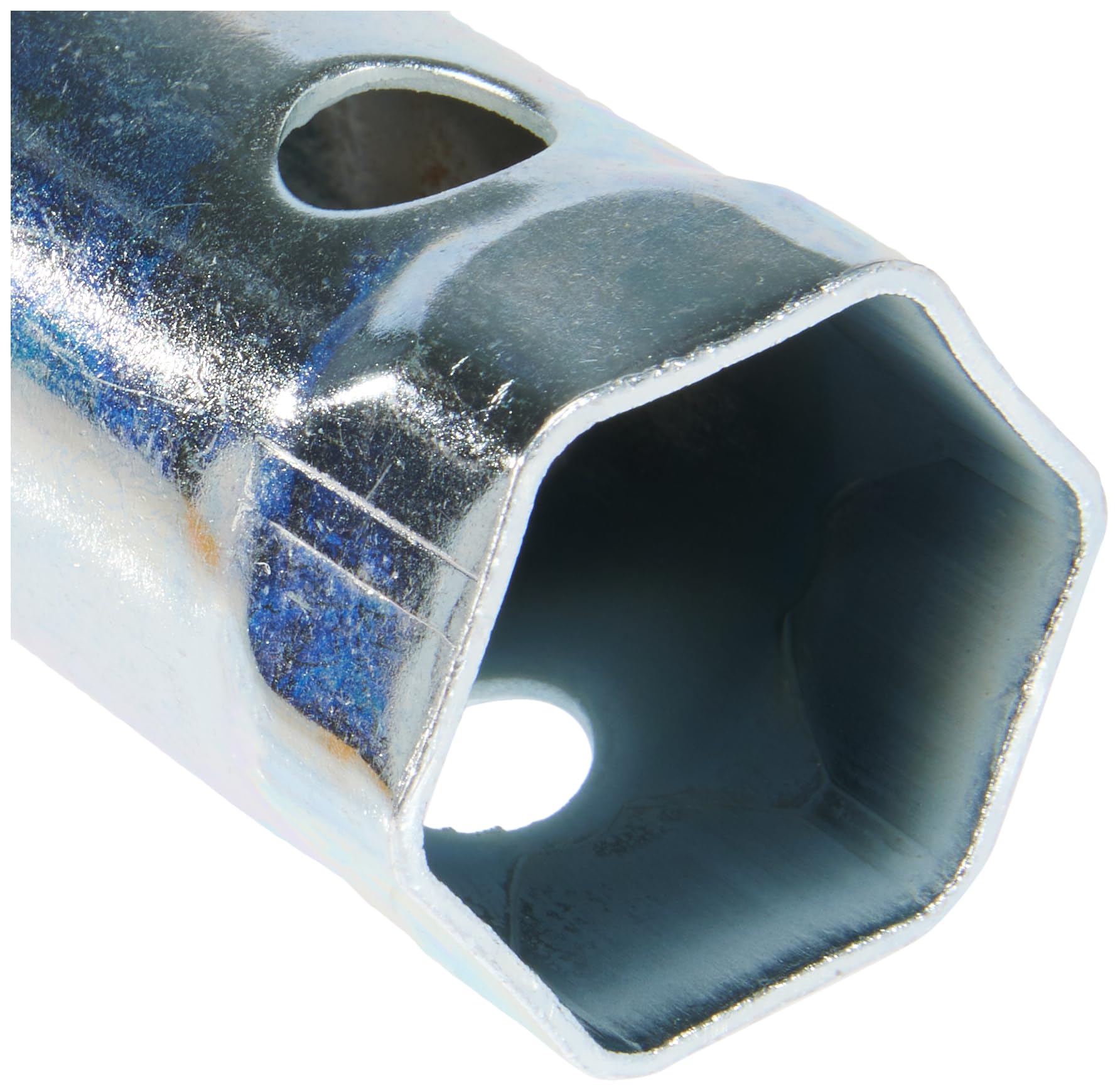 Chrome socket spanner tool with rectangular opening and small hole detail on shaft.