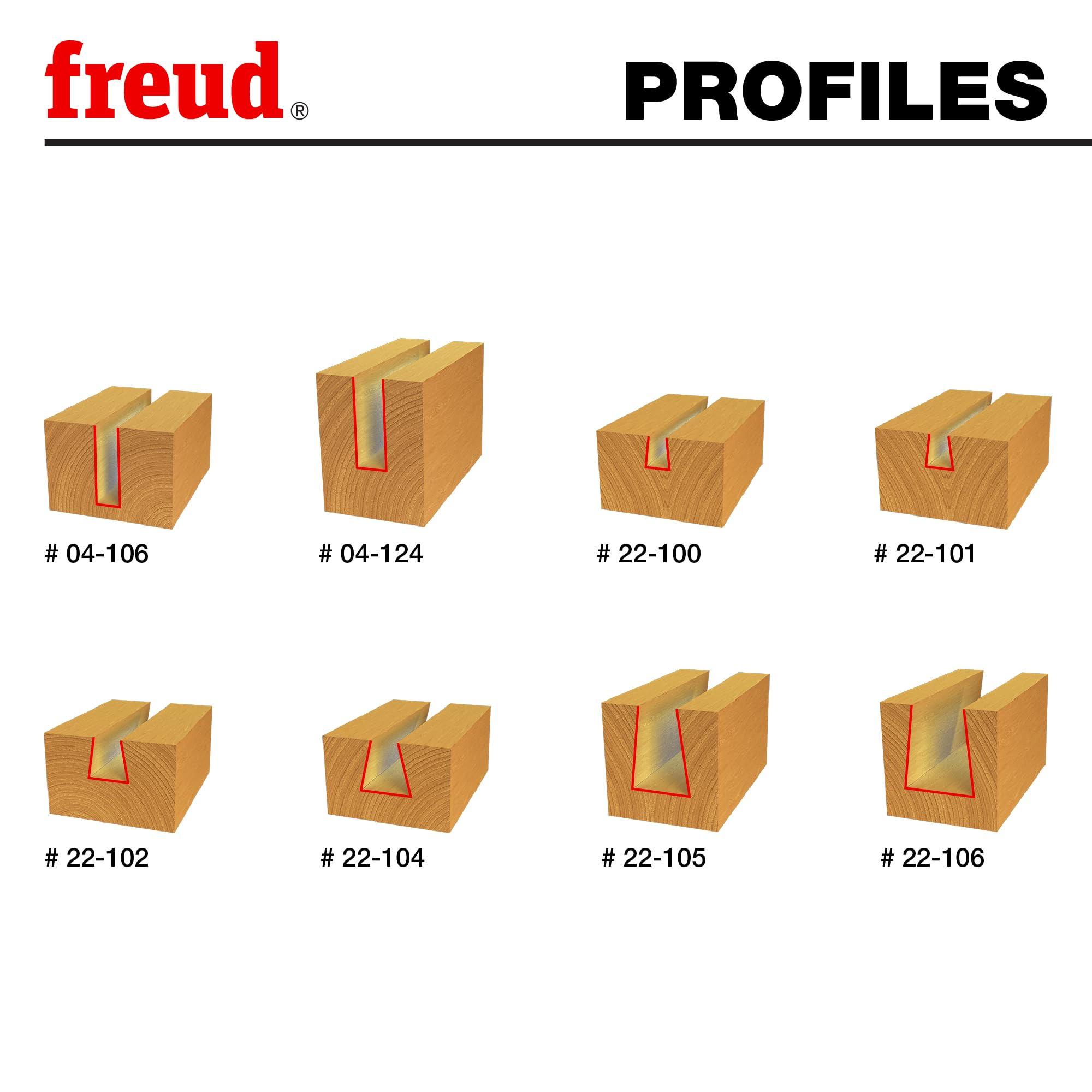 Eight Freud router bit profiles shown in wood blocks with colored cutting edges and model numbers labeled below each.
