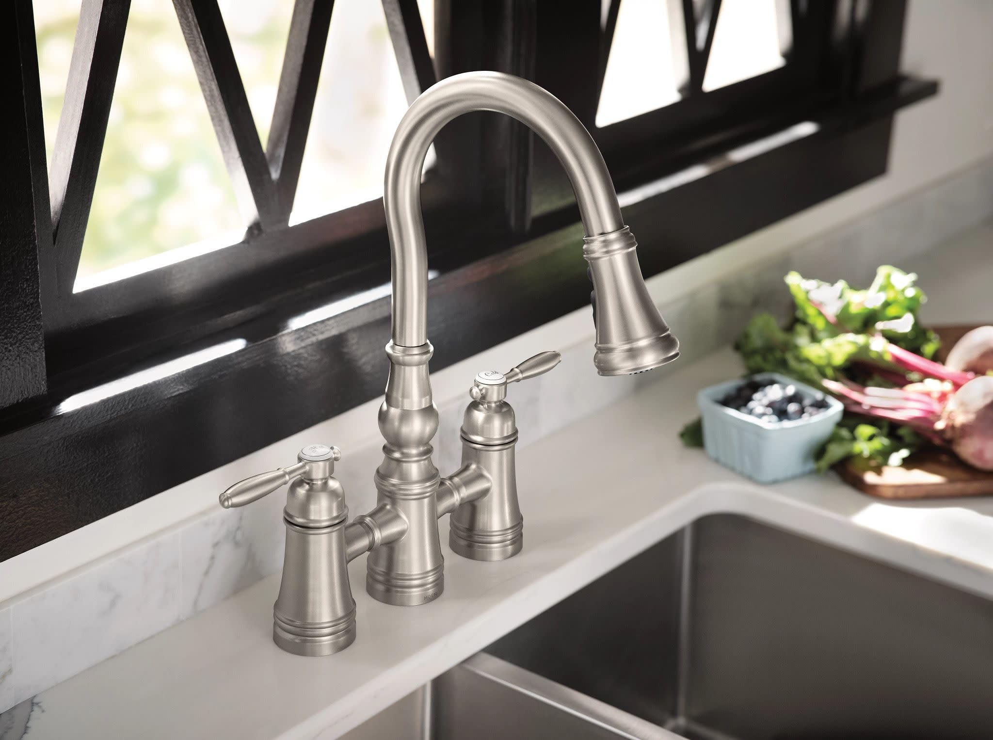 Moen Weymouth Two Handle Pulldown Bridge Kitchen Faucet Spot Resist Stainless in Spot Resist Stainless - S73204SRS
