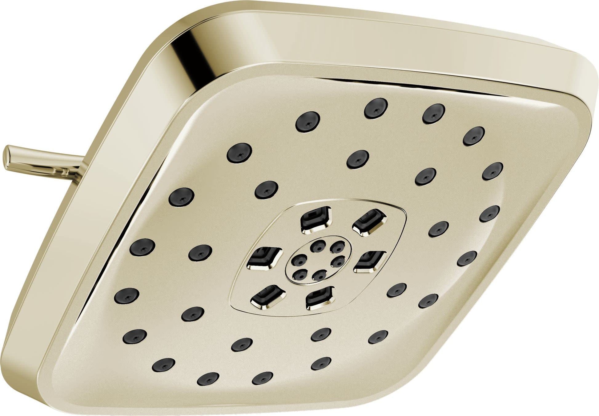 Square champagne-bronze shower head with multiple spray jets and central control dial, mounted at an angle with connecting ar