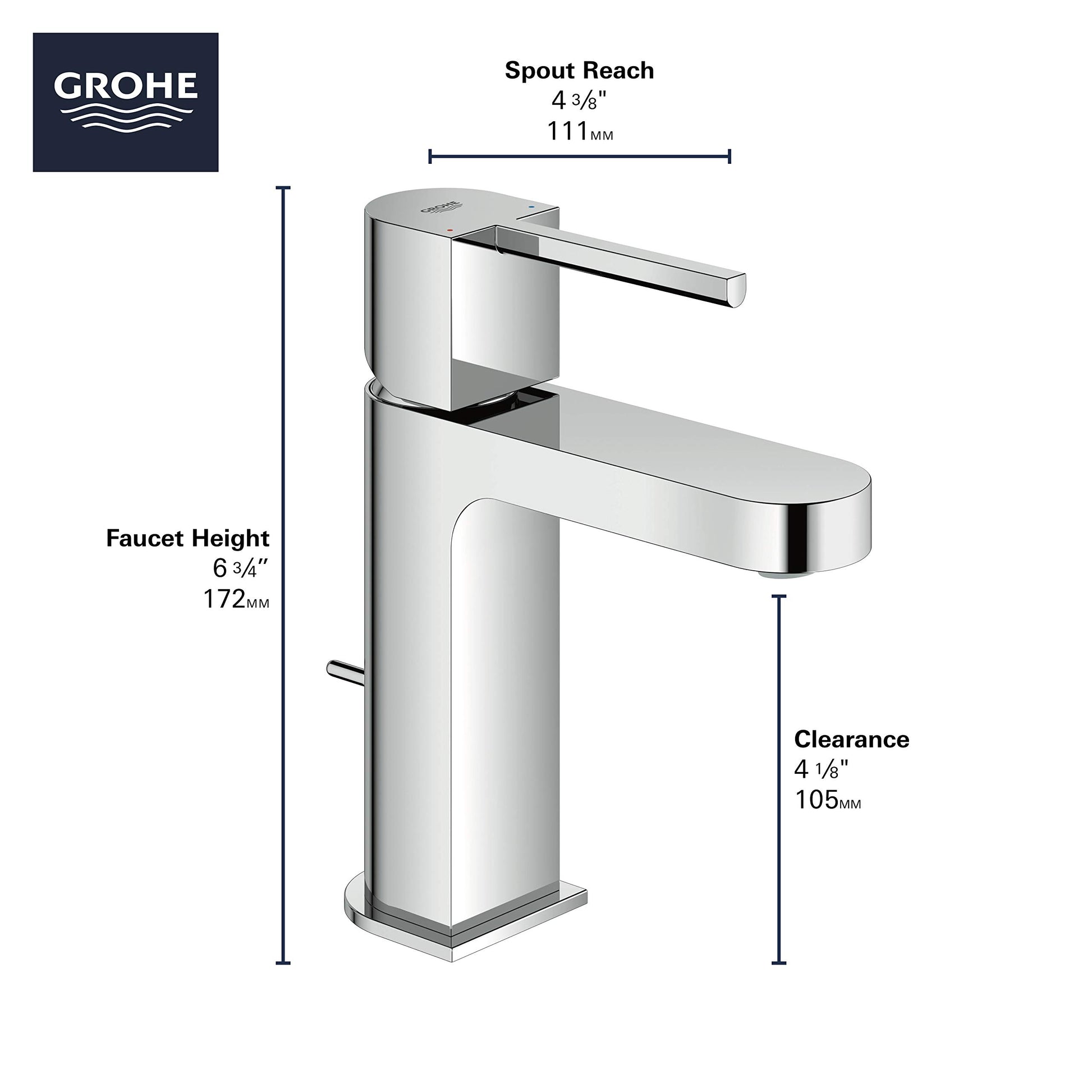 Grohe Plus chrome single-handle bathroom faucet with tall squared base, angled spout, and dimension specifications labeled.