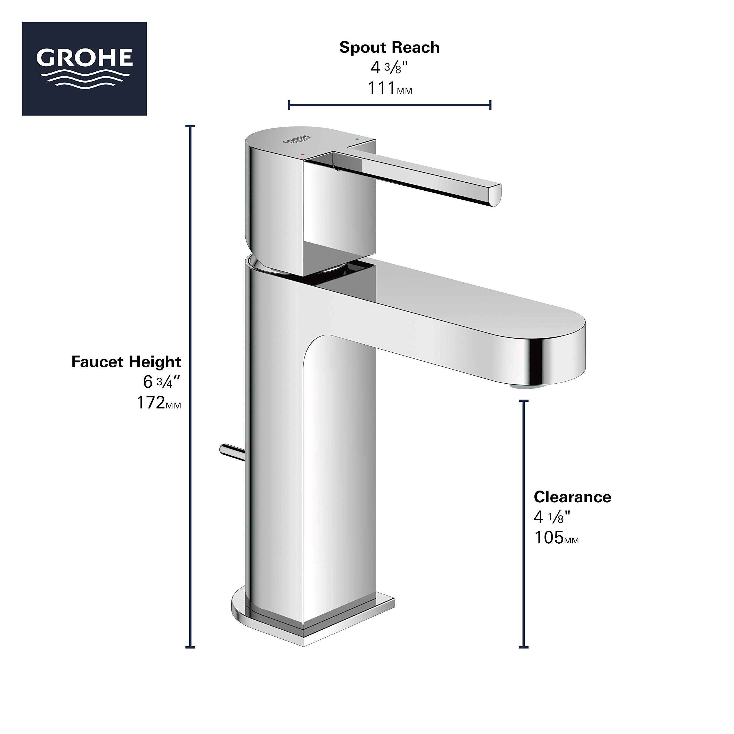 Grohe Plus chrome single-handle bathroom faucet with tall squared base, angled spout, and dimension specifications labeled.